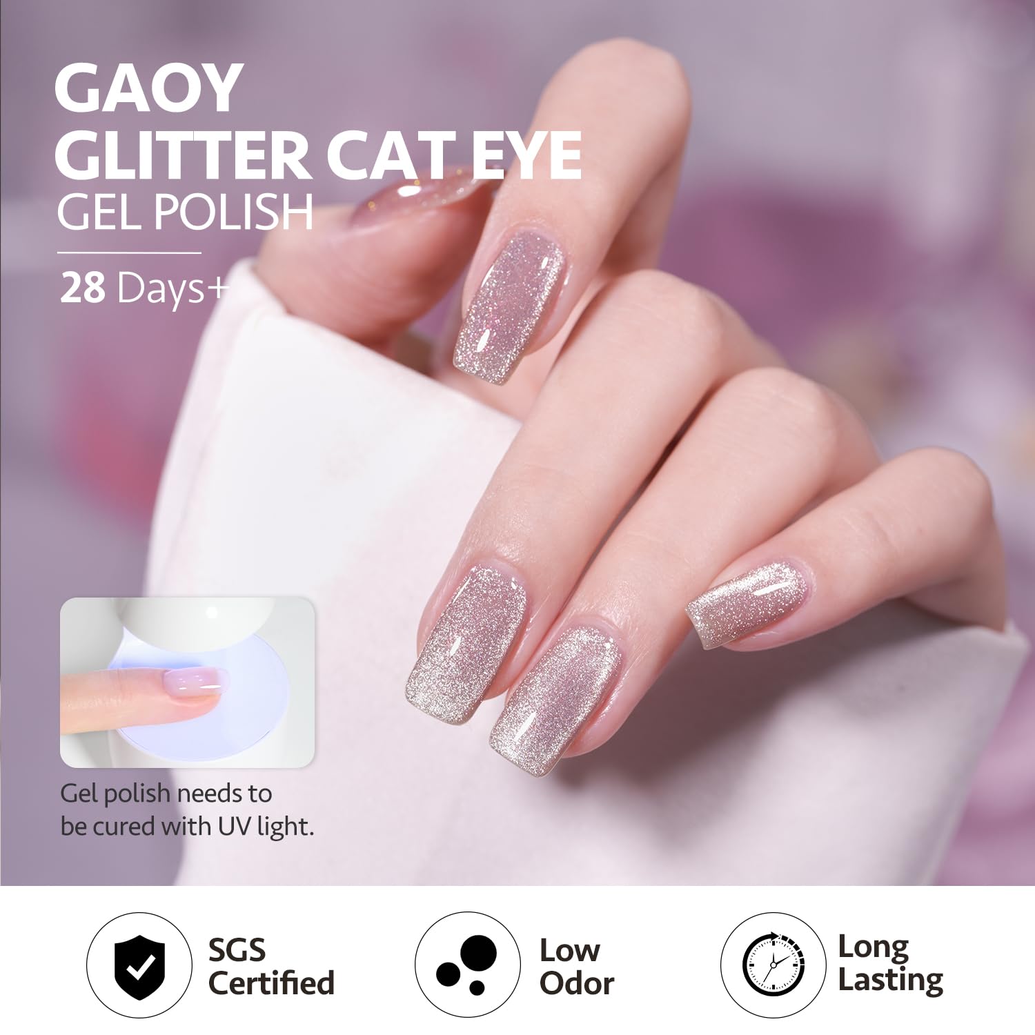 GAOY Pink Glassy Cat Eye polish in use with magnet to create a shimmering pattern
