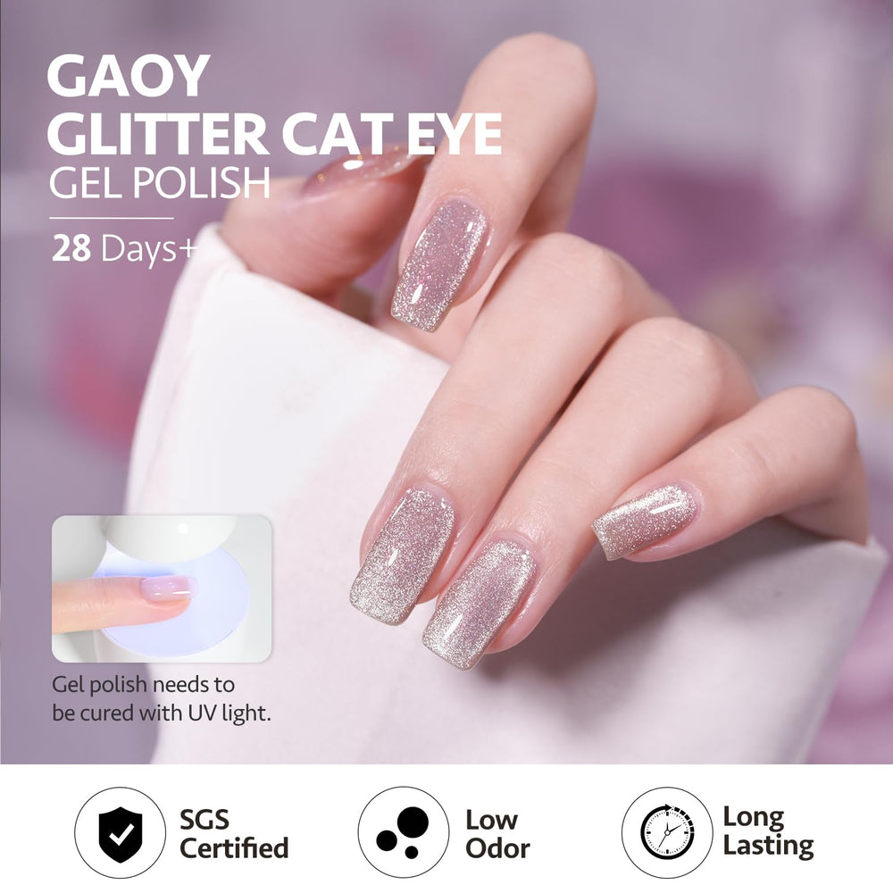 GAOY Pink Glassy Cat Eye polish in use with magnet to create a shimmering pattern