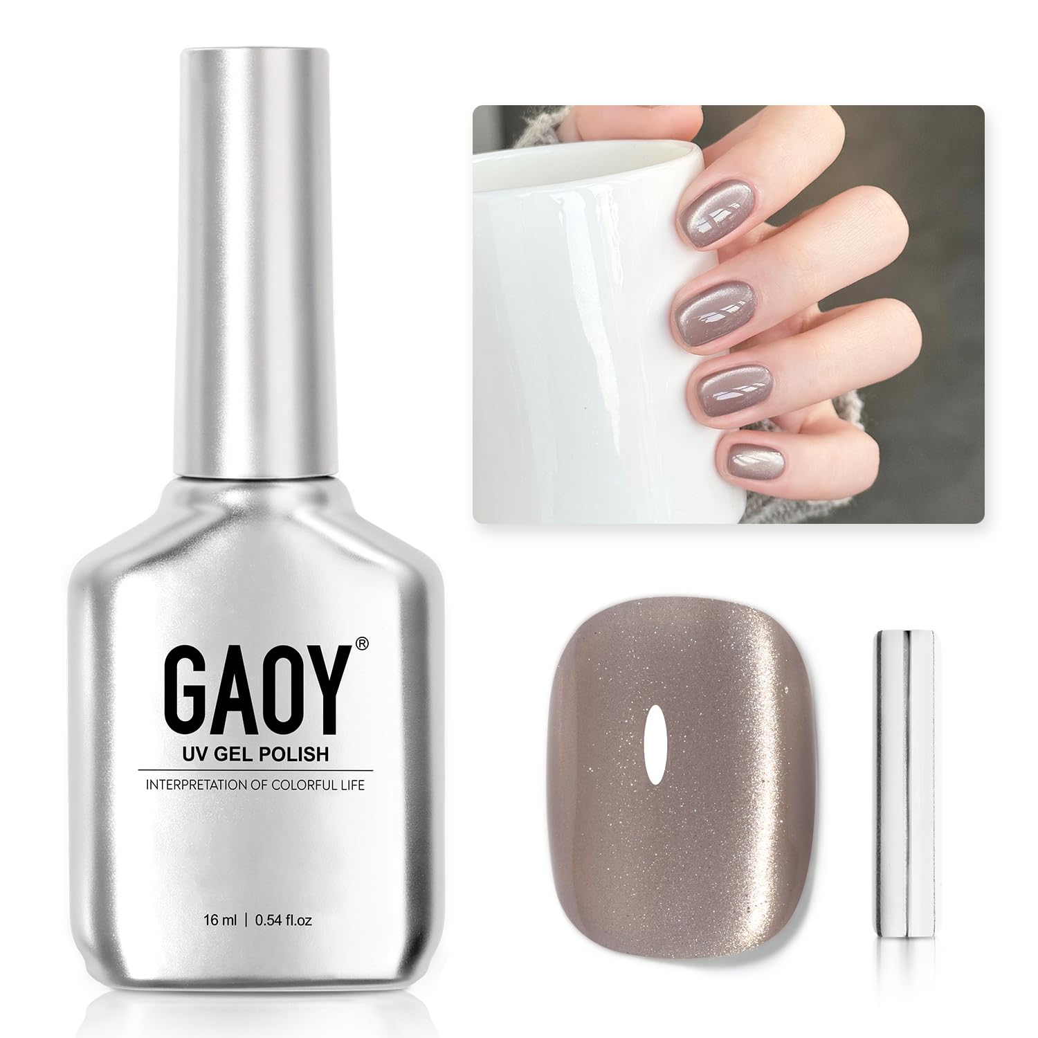 GAOY Glassy Cat Eye Chestnut Brown polish bottle with magnet for shimmering nail art.