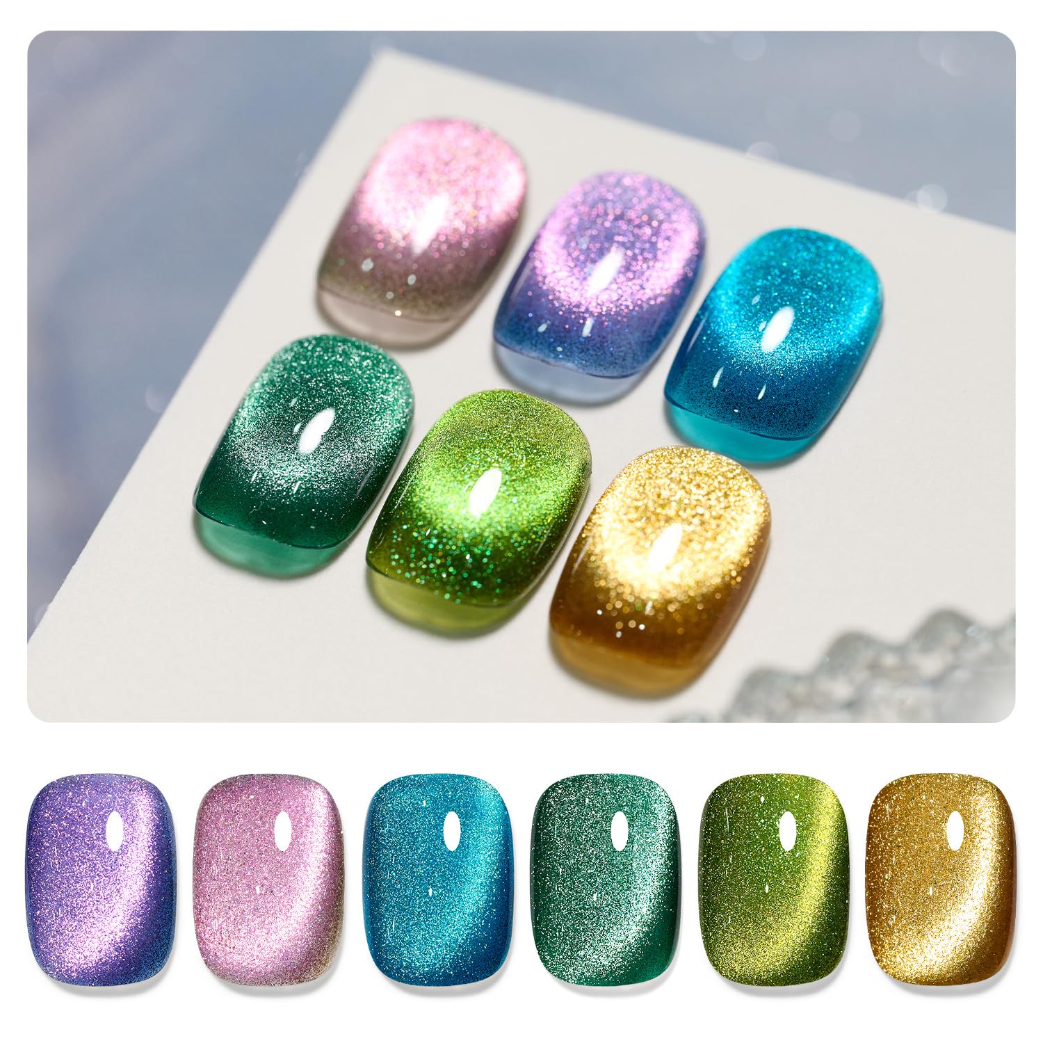 GAOY glitter cat eye set with six colors for versatile holographic nail art.