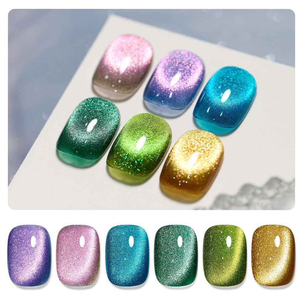 GAOY glitter cat eye set with six colors for versatile holographic nail art.