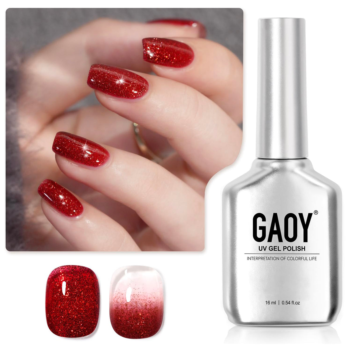 GAOY glitter gel nail polish bottle with Christmas red shade, perfect for party nails.