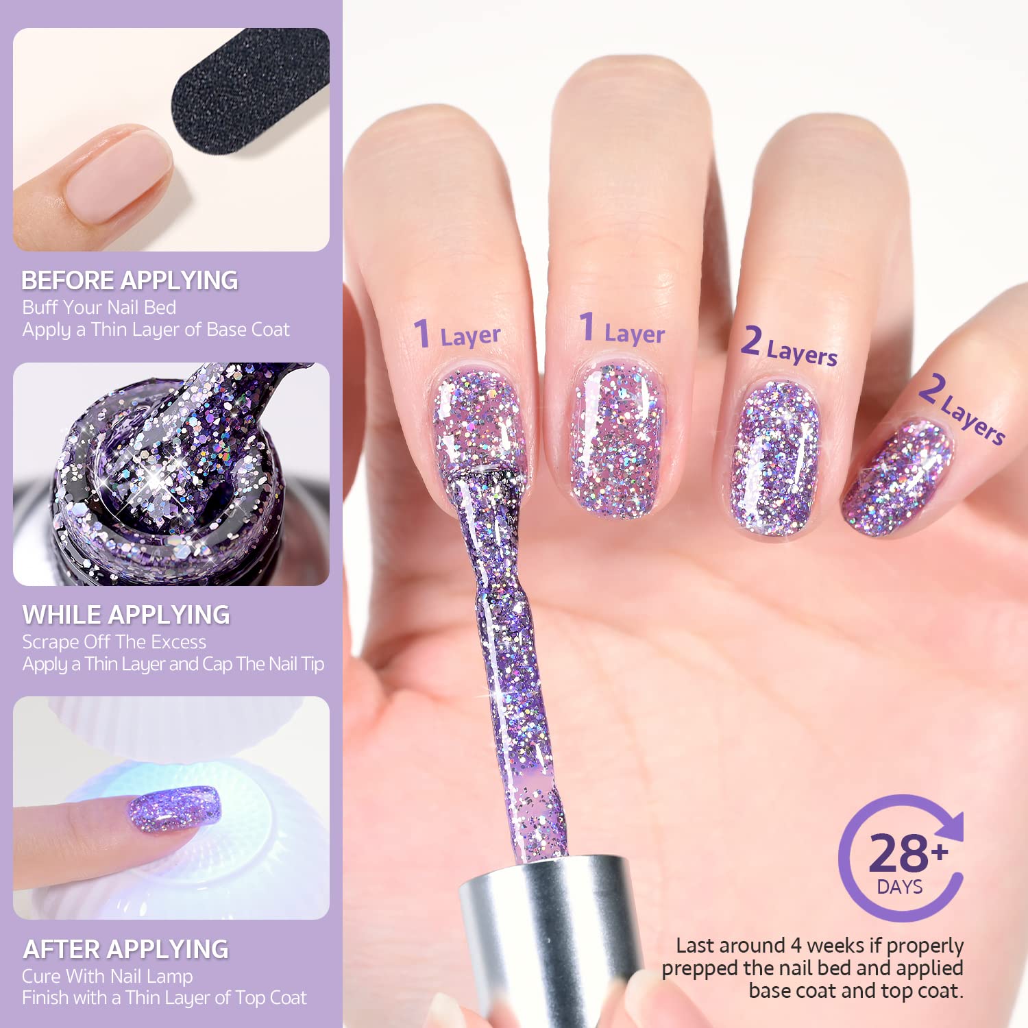 GAOY Lavender Fields Glitter Gel UV light cure in about 60 seconds