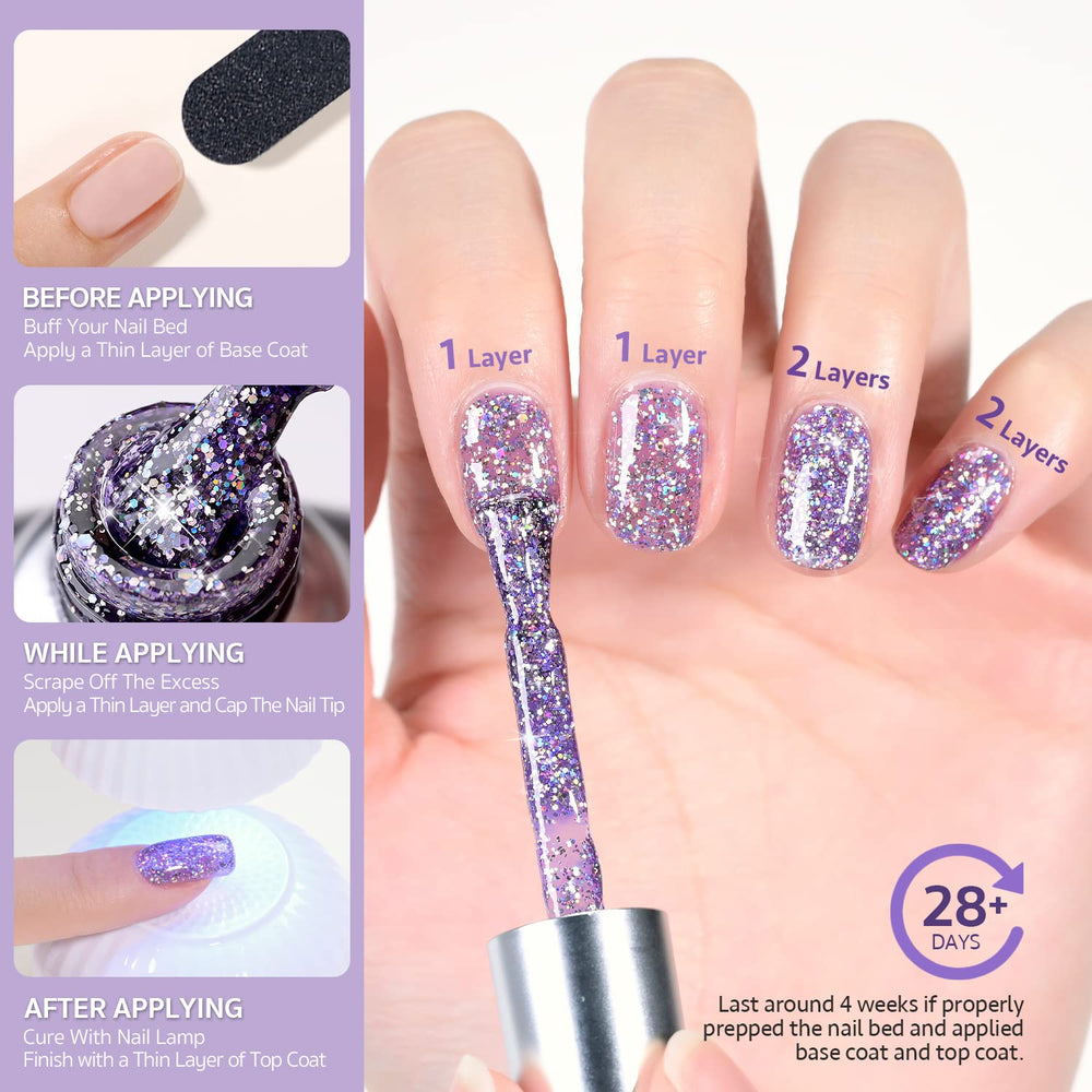 GAOY Lavender Fields Glitter Gel UV light cure in about 60 seconds