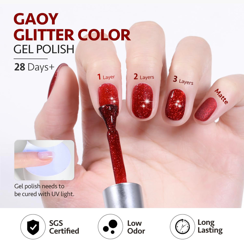 GAOY Christmas red sparkle nails ready for a festive party.