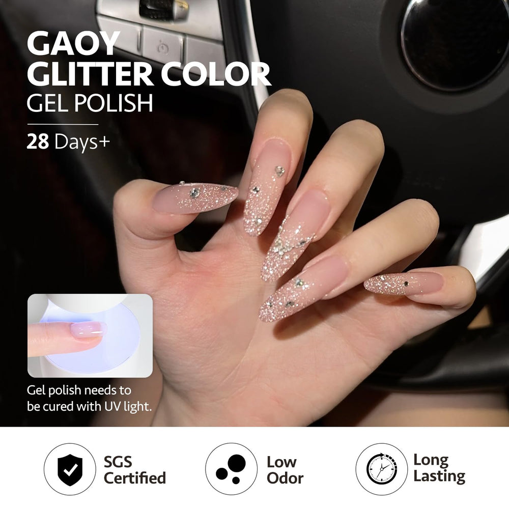 GAOY Glitter Jelly Gel Nail Polish bottle close-up shows shimmering texture.