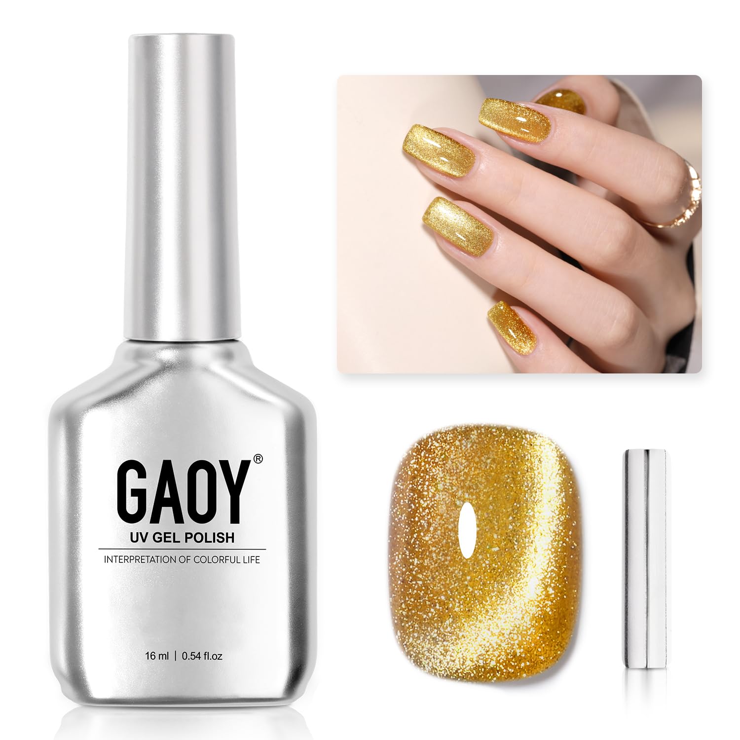 GAOY Gold Glassy Cat Eye Magnet creates shifting patterns for glamorous nails.