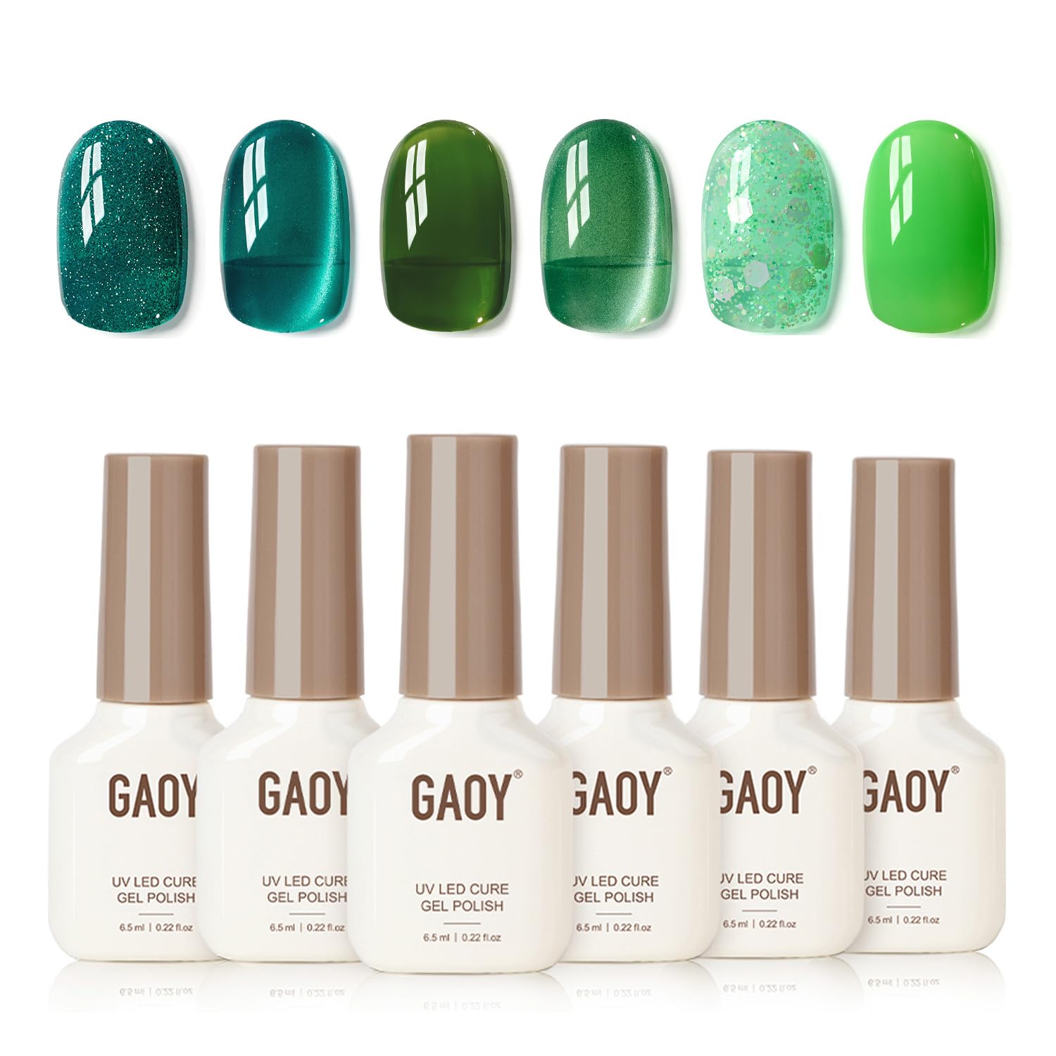 GAOY Green Cat Eye gel polish with magnet shows emerald shade and dramatic cat-eye effect.
