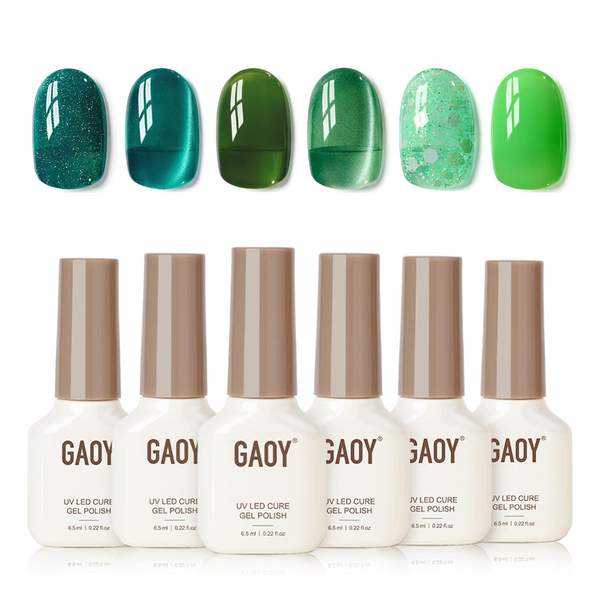 GAOY Green Cat Eye gel polish with magnet shows emerald shade and dramatic cat-eye effect.