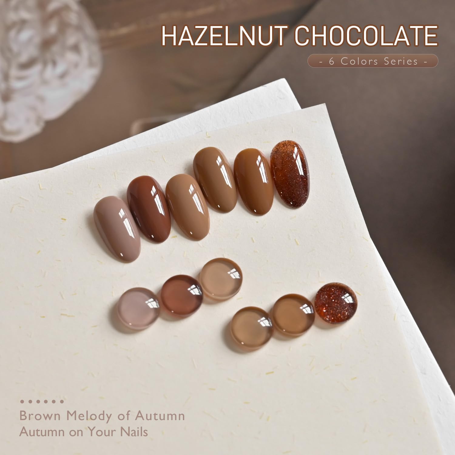 GAOY Hazelnut Chocolate gel nail polish bottle front highlights six-bottle set for at-home gel manicures.