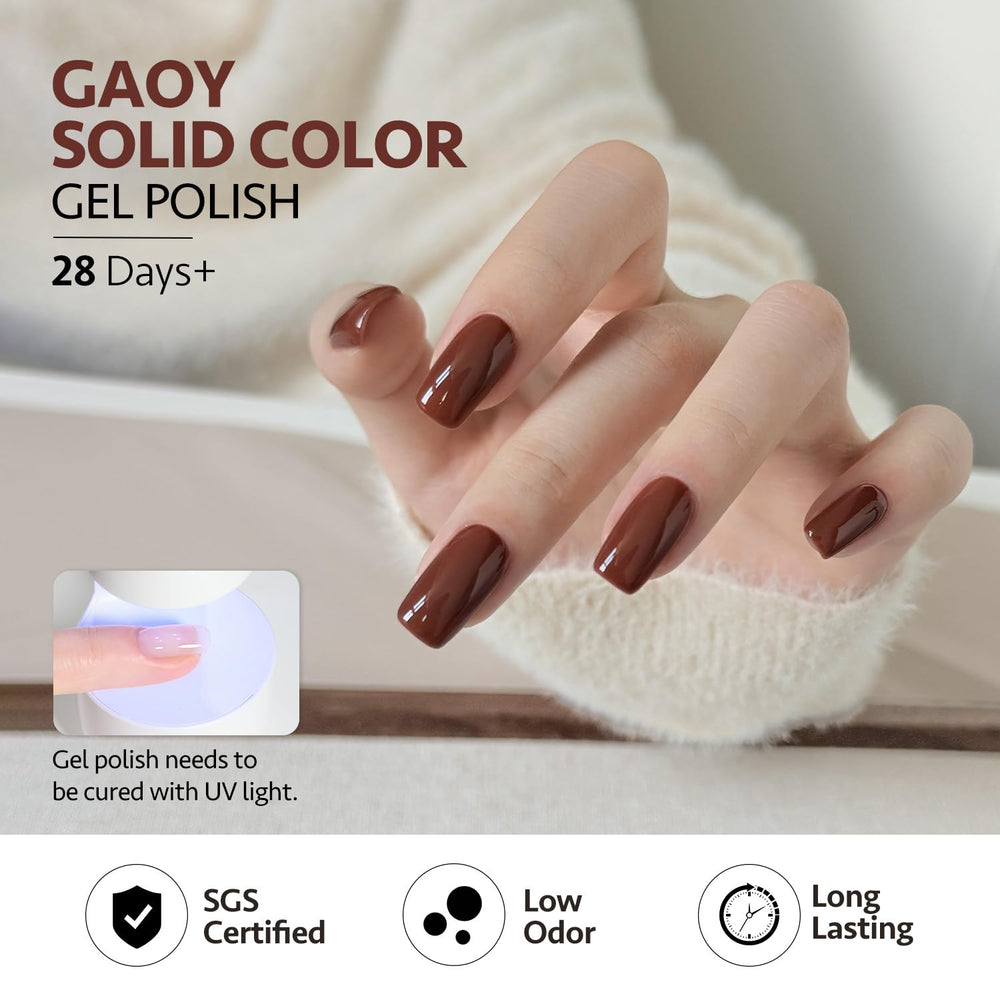 GAOY Hazelnut Chocolate gel nail polish drying under UV/LED lamp for quick wear.