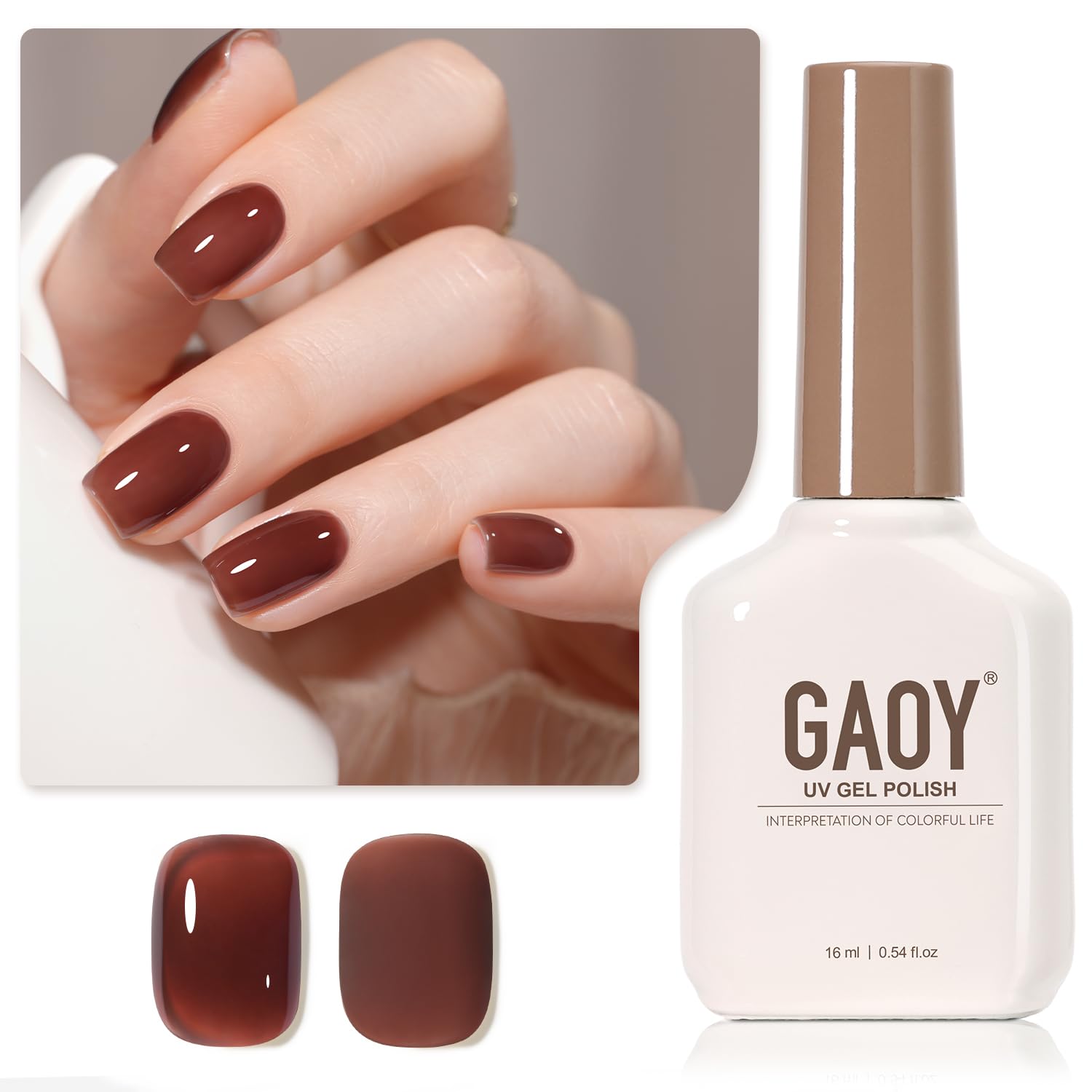 GAOY Jelly Brown Gel Nail Polish bottle showing sheer translucent shade for easy at-home nail art.