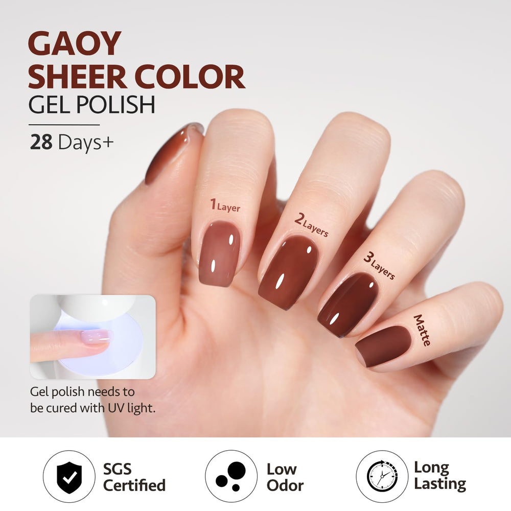GAOY Jelly Brown bottle highlights low odor formula ideal for home manicures.