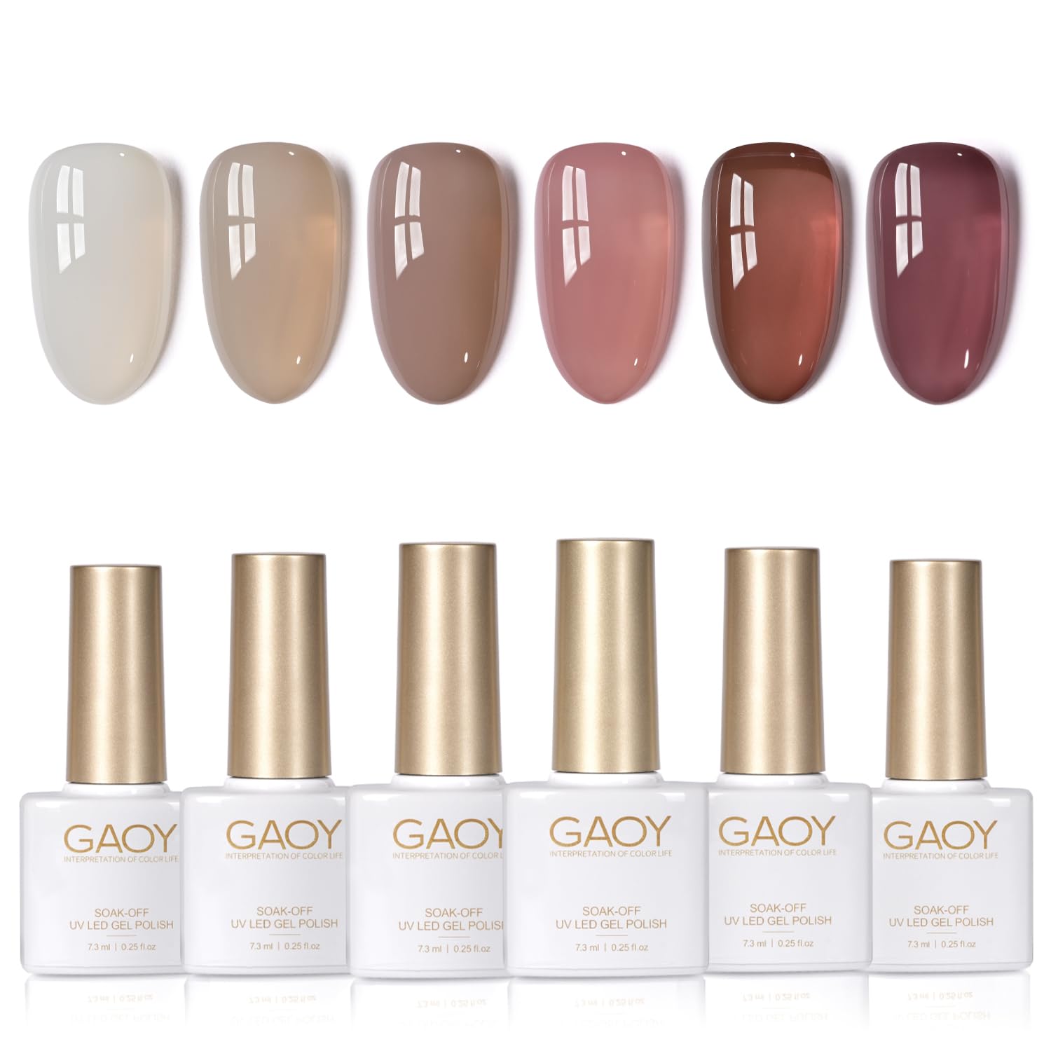 GAOY Jelly Brown White Gel Nail Polish Set — six translucent colors for at-home nail art.