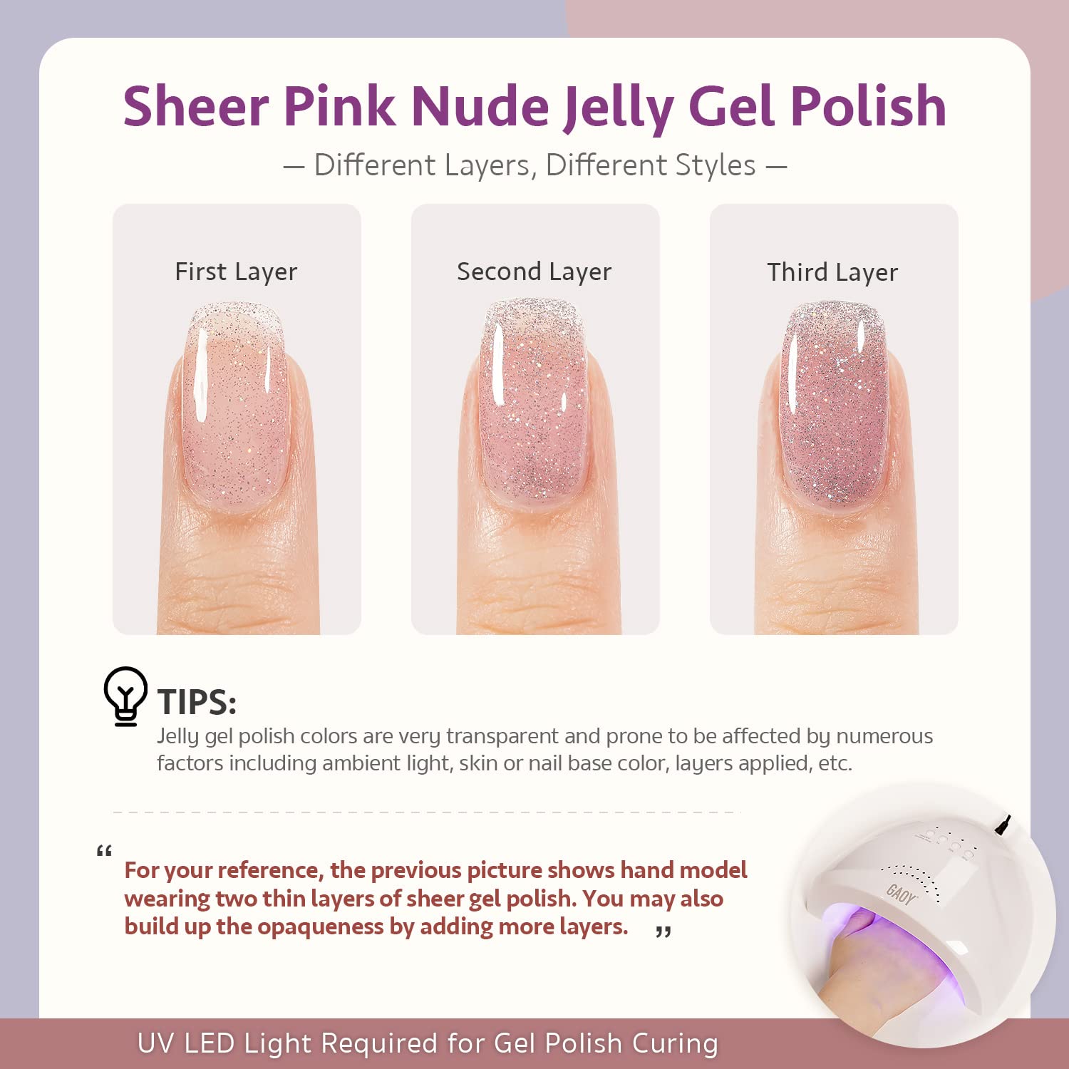 GAOY Jelly Glitter glossy finish on a manicure with glitter shimmer