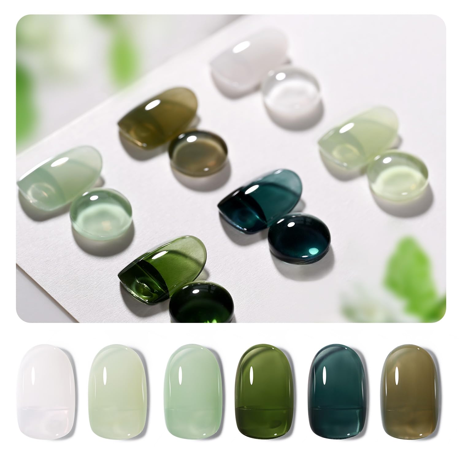 GAOY Jelly Green Gel Nail Polish Set six-color collection for at-home nail art.