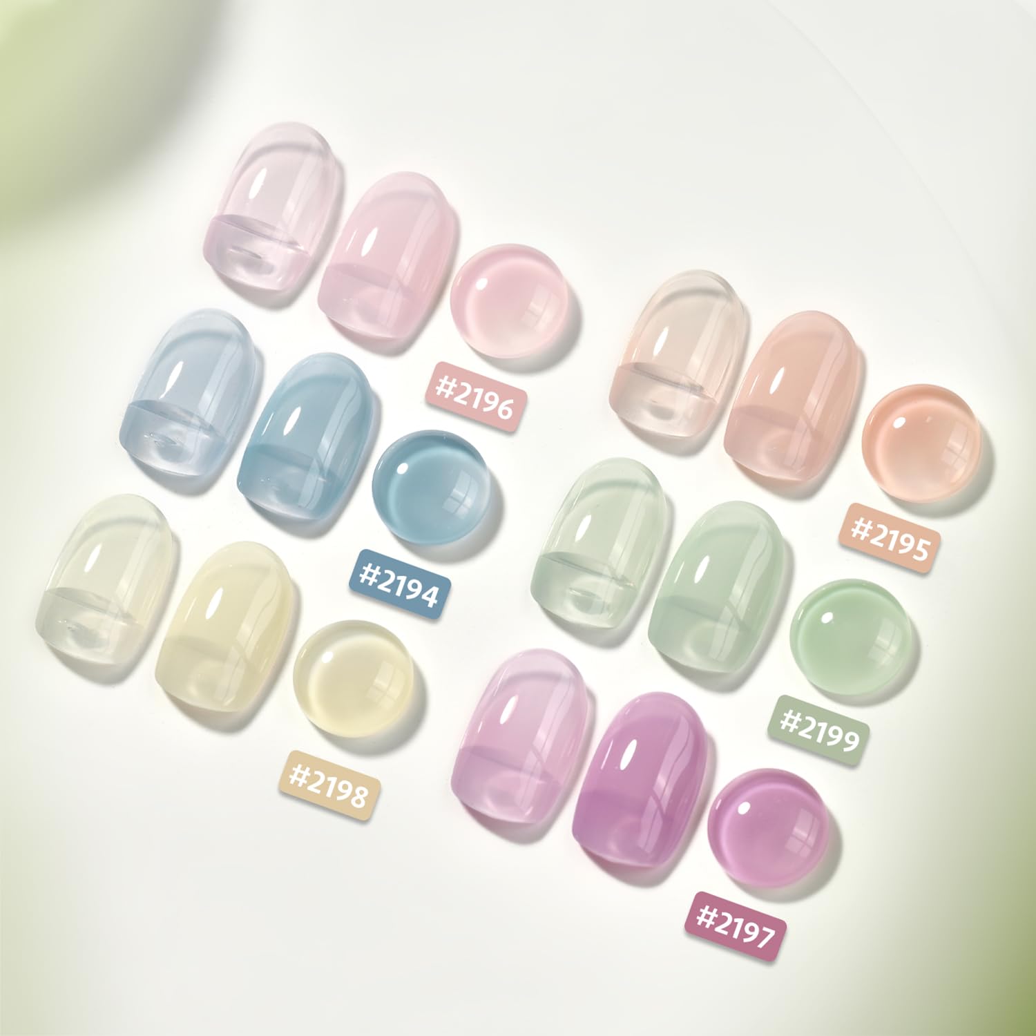 GAOY Jelly Green bottles display six translucent shades for sheer to opaque layering