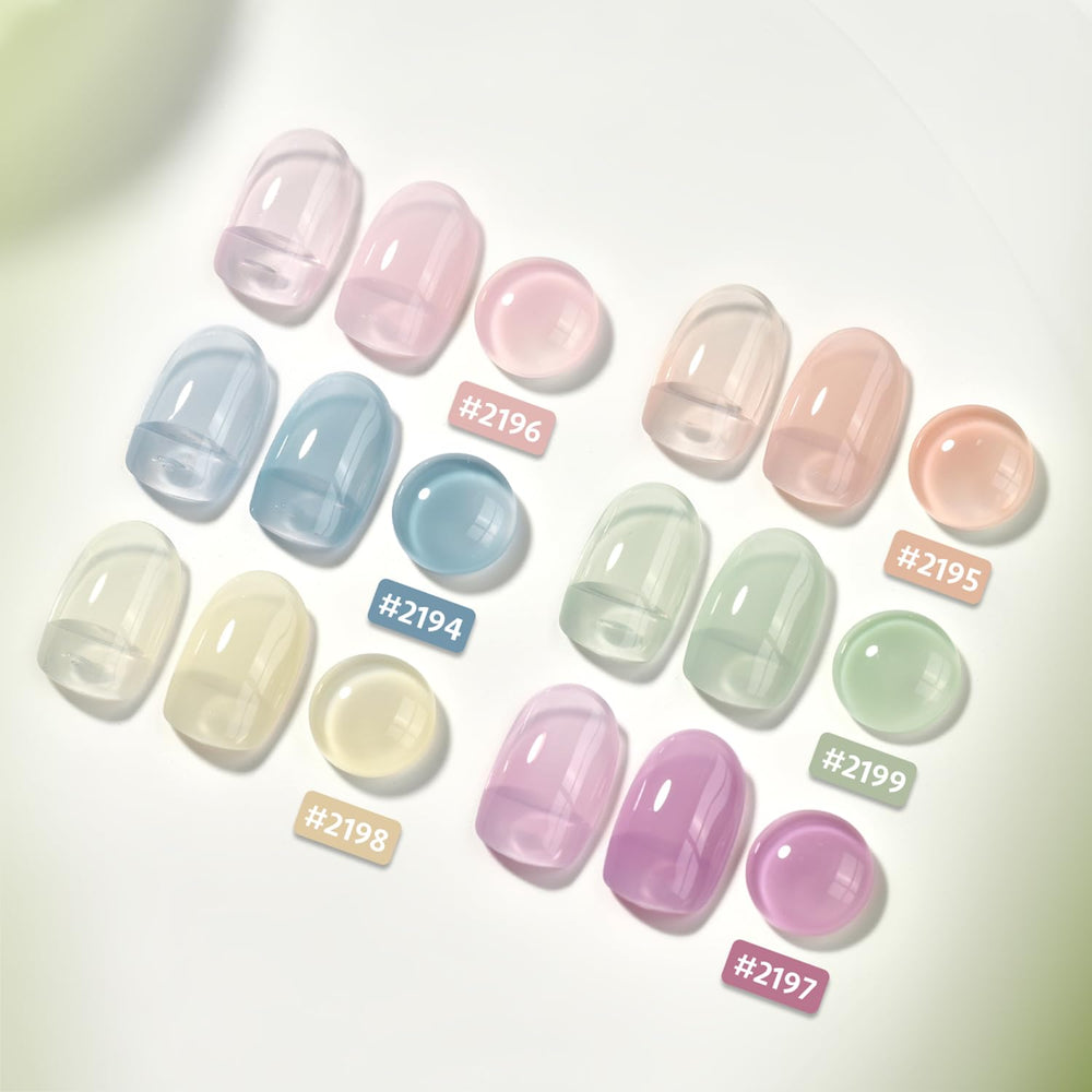 GAOY Jelly Green bottles display six translucent shades for sheer to opaque layering