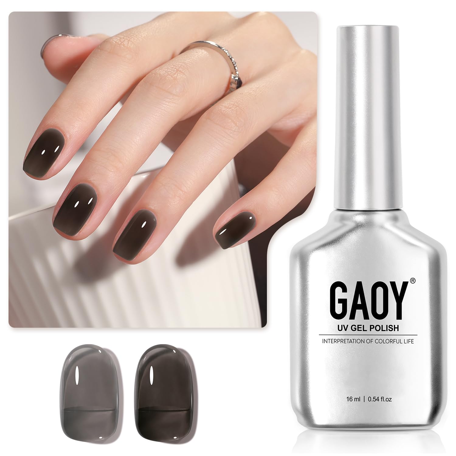 GAOY Jelly Nude Black bottle shown for a sheer-to-opaque gel look at home.
