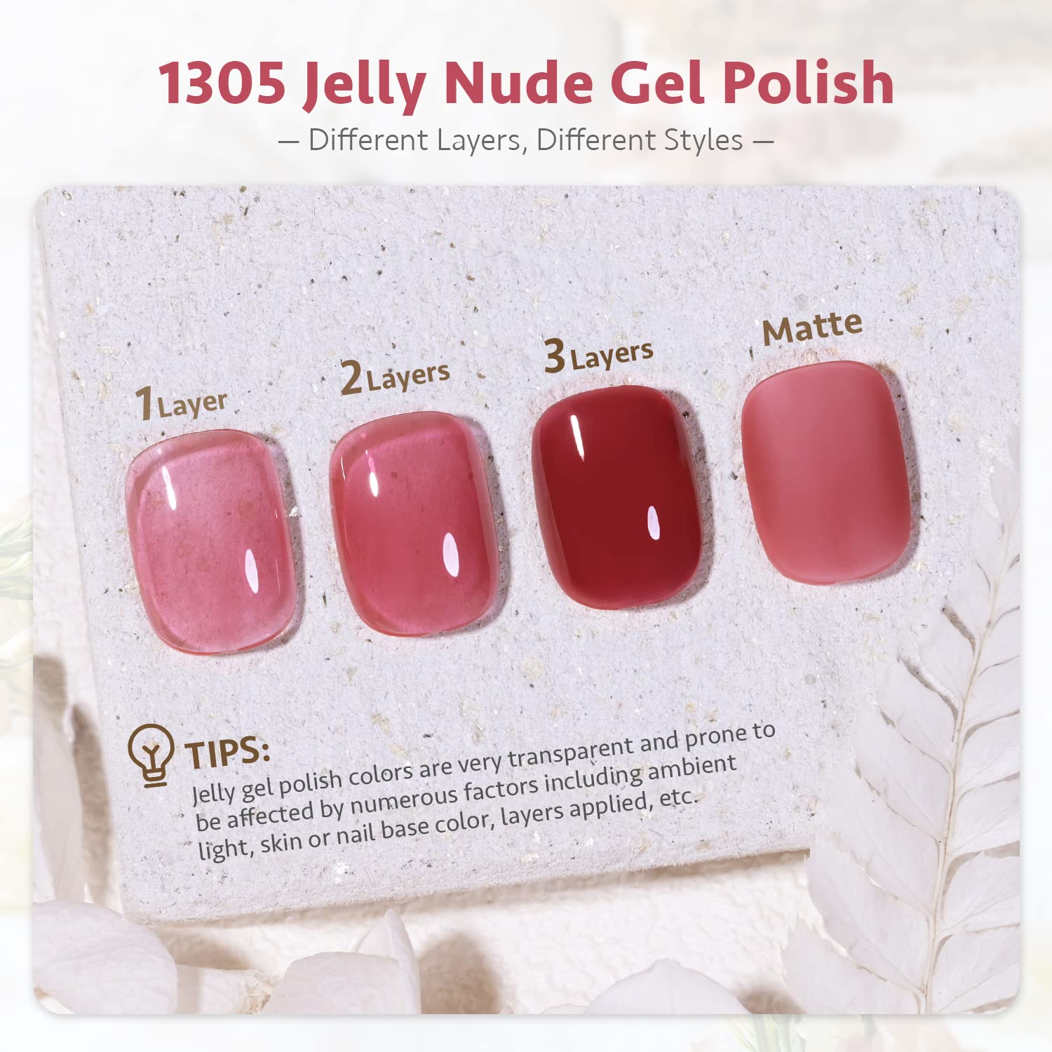 GAOY Jelly Nude Gel Nail Polish 1305 color swatch showing sheer to opaque layering potential