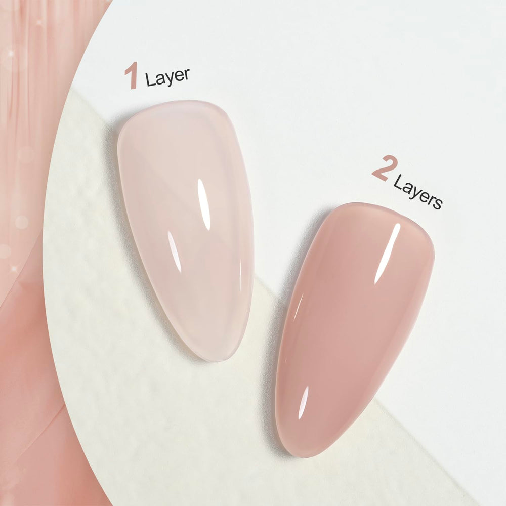 GAOY Jelly Nude gel polish swatch shows buildable jelly color and shine.