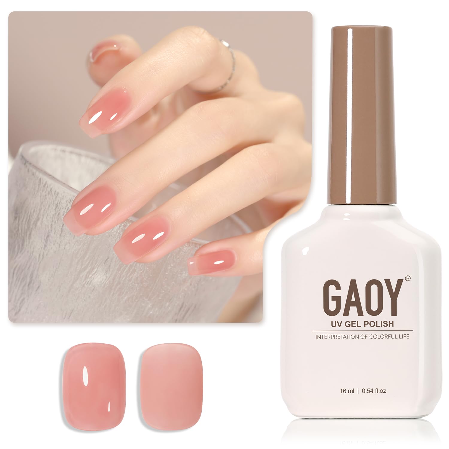 GAOY Jelly Nude gel polish bottle showing sheer pink shade for at-home nails.