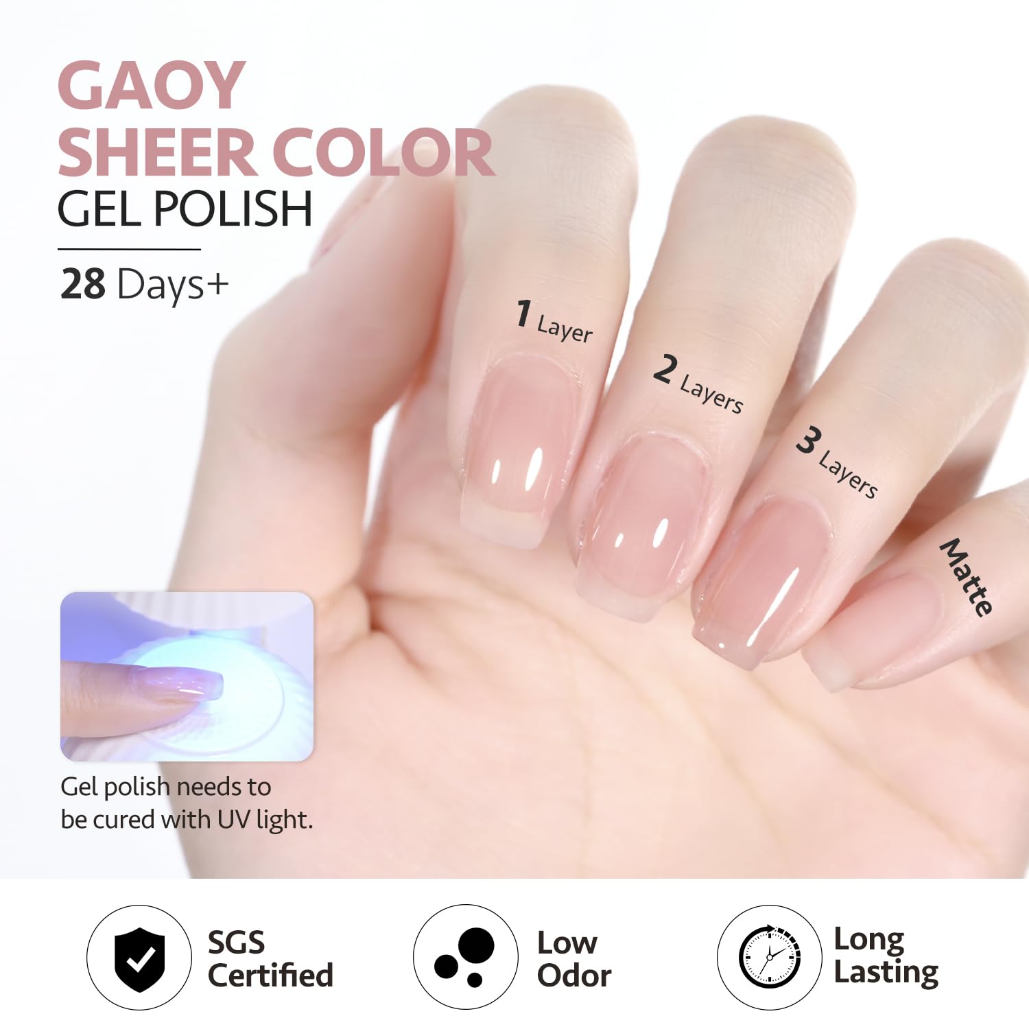 GAOY Jelly Nude Gel Nail Polish builds sheer to opaque layers at home.