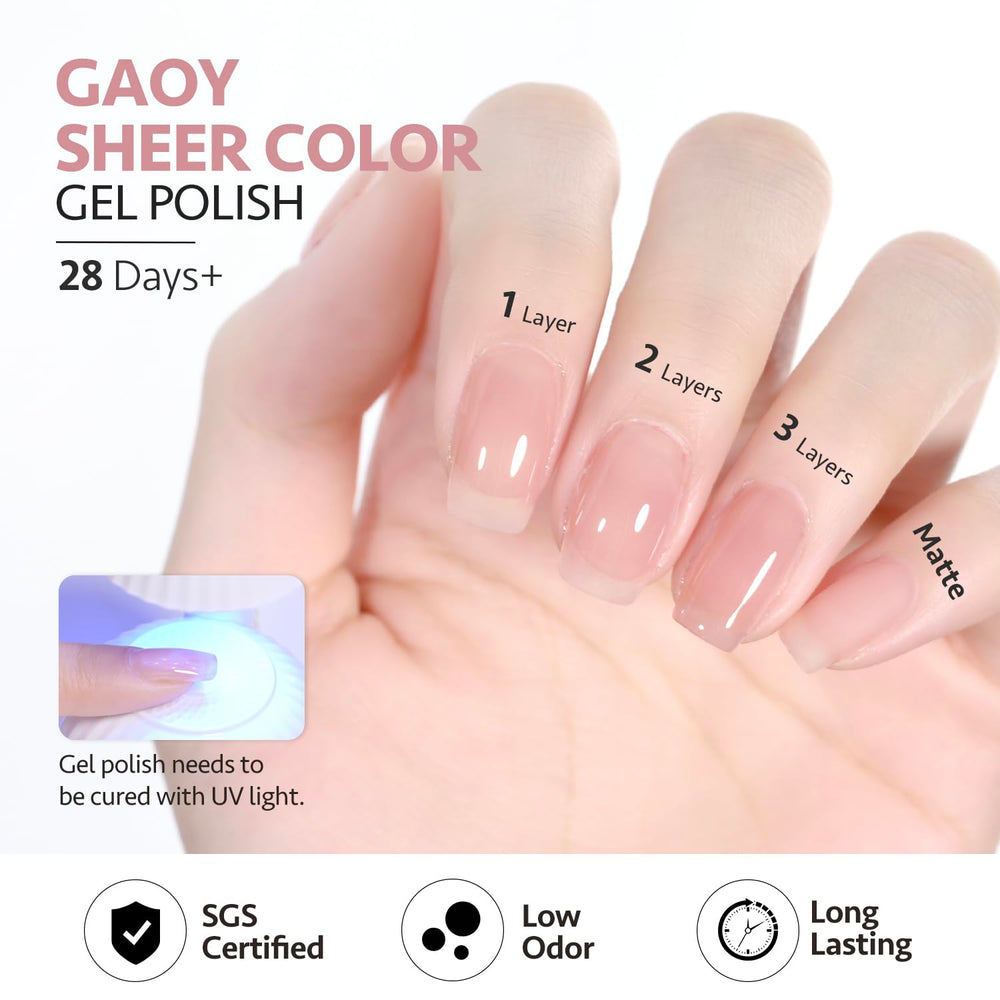 GAOY Jelly Nude Gel Nail Polish builds sheer to opaque layers at home.