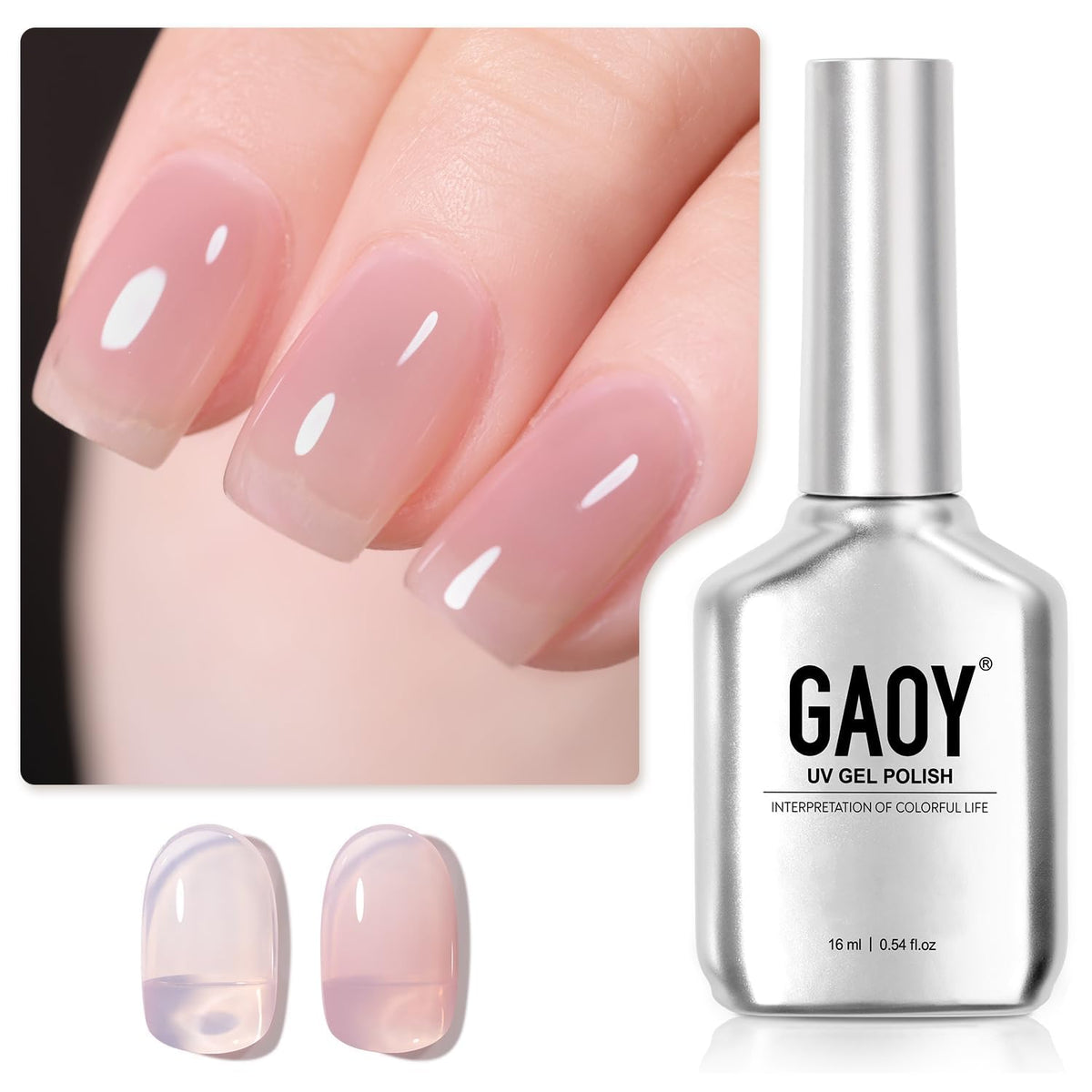 GAOY Jelly Nude Gel Nail Polish bottle shows rose pink translucent finish for buildable color.