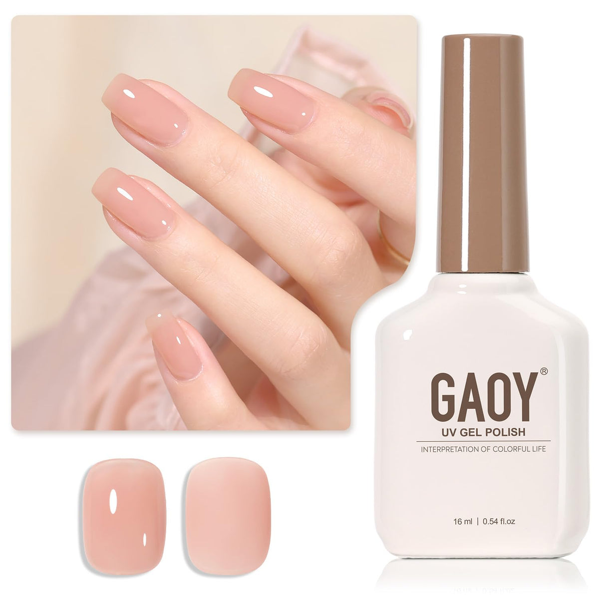 GAOY Jelly Nude Gel Polish bottle in peach hue for at home manicure.