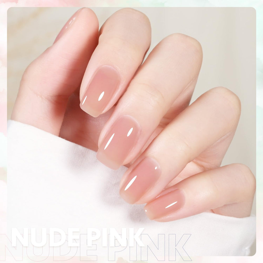 Nail art scene with GAOY Jelly Nude applied in multiple light coats
