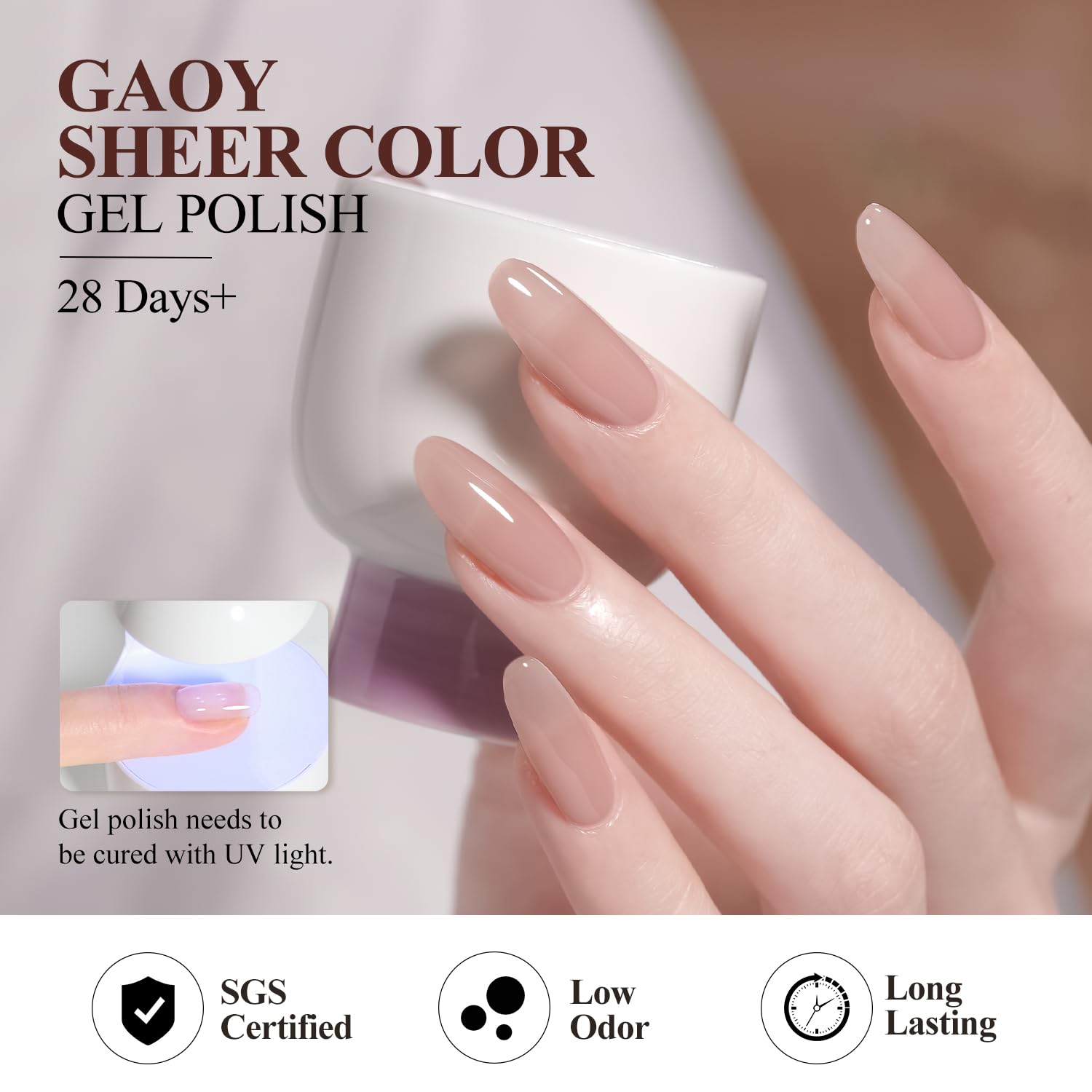 GAOY Jelly Nude Pink Gel Polish Color 05 swatch designed for easy touch-ups and layering.