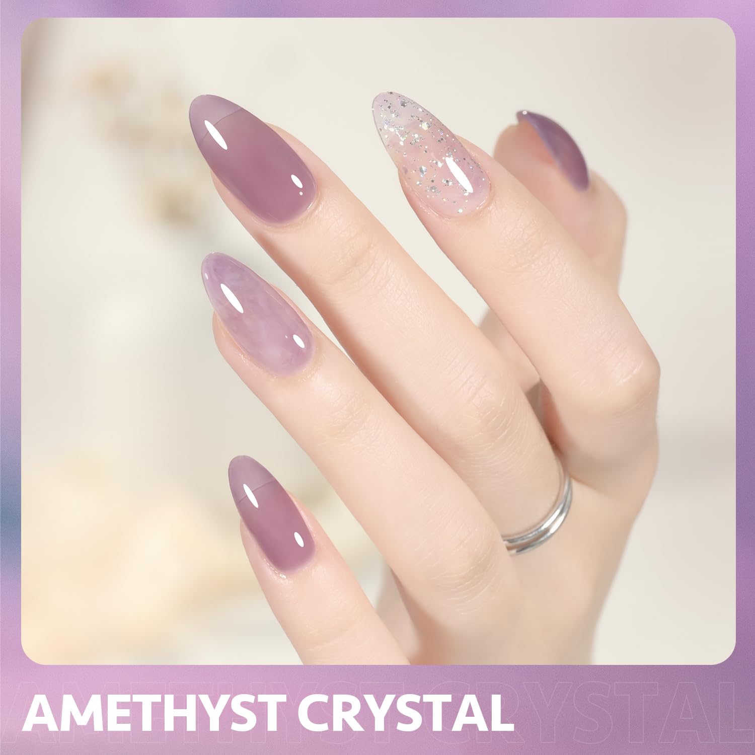 GAOY jelly nude purple gel polish color swatch on nail