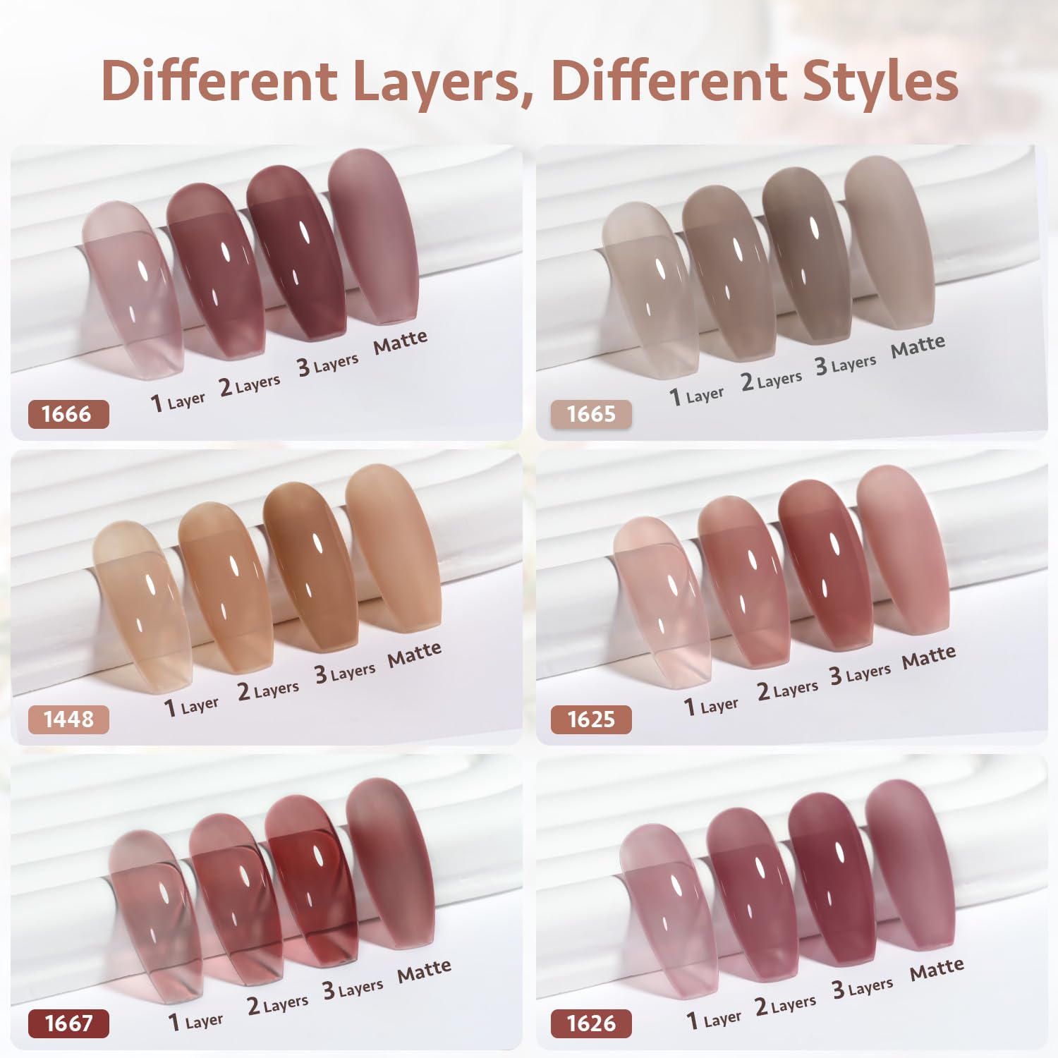 GAOY Jelly Pink Nude color swatch board with sheer to opaque options
