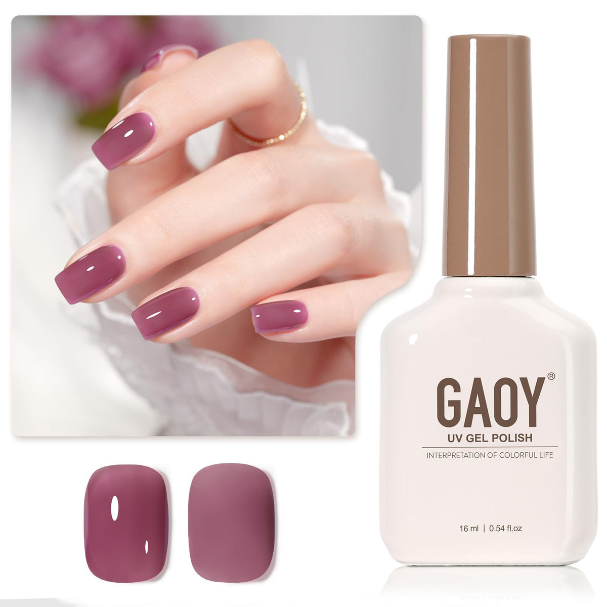 GAOY Jelly Purple gel polish bottle with buildable color range for nail art.