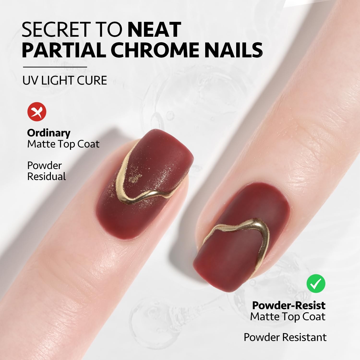 Thin layer application to create velvet matte finish on chrome powder nails with GAOY