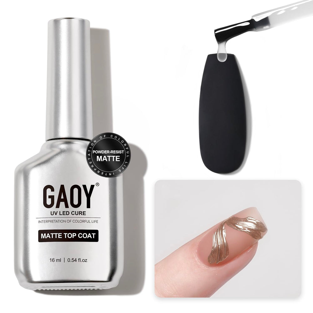 GAOY matte gel top coat bottle showcasing powder-resist finish for chrome powder nails
