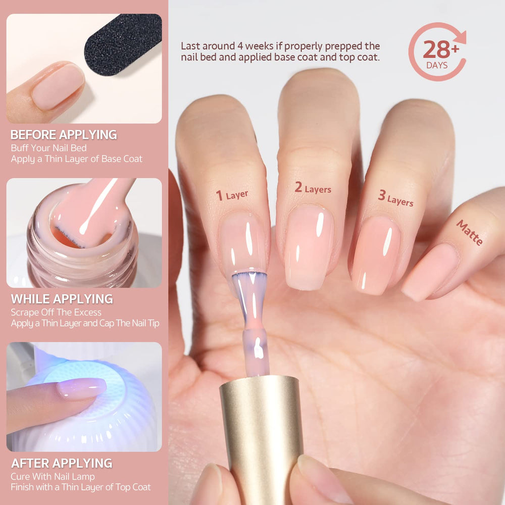 GAOY Milky White Jelly Nude long wear hints at up to four weeks with base and top coats.