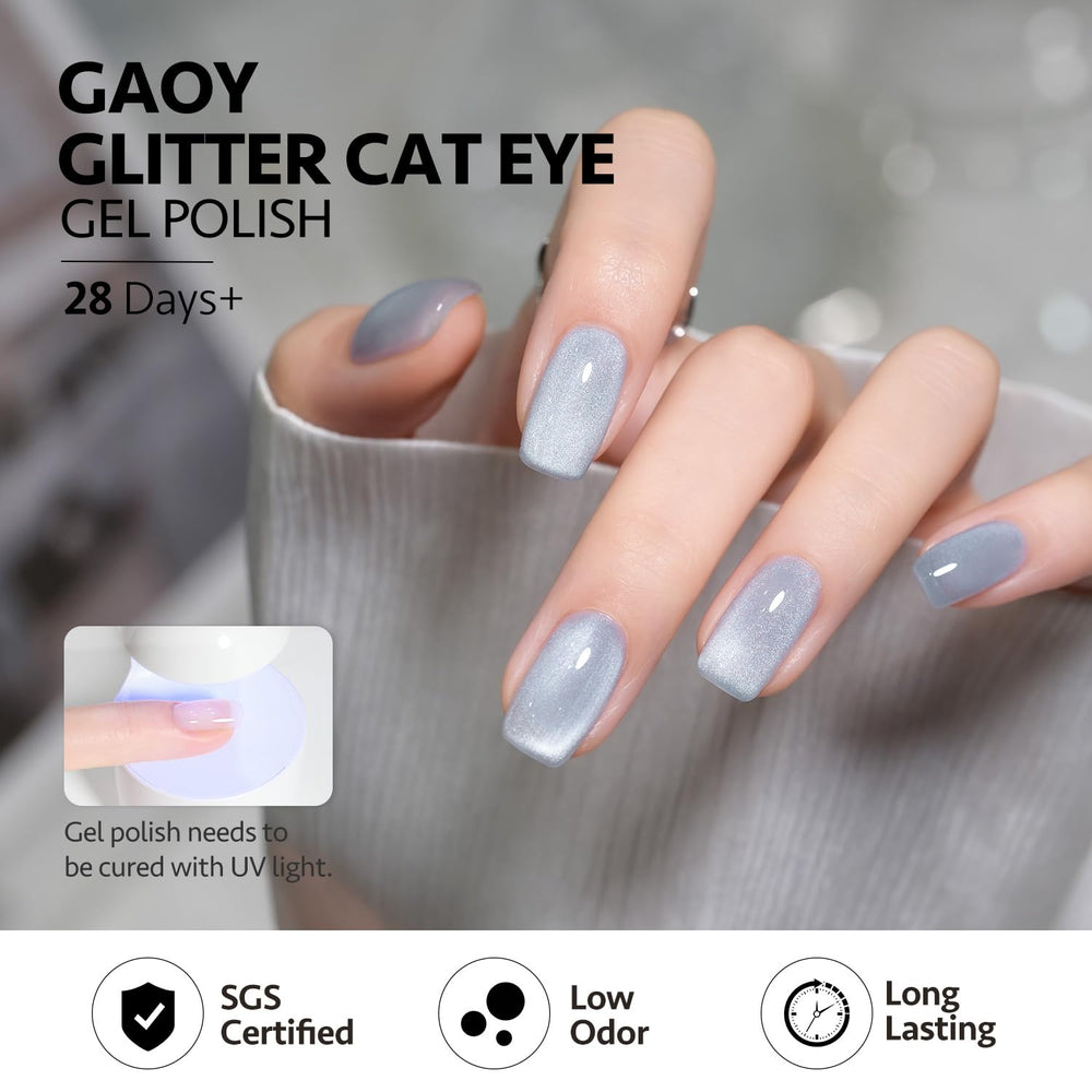 GAOY Moonlight Coast nails glow under light with translucent blue tint.