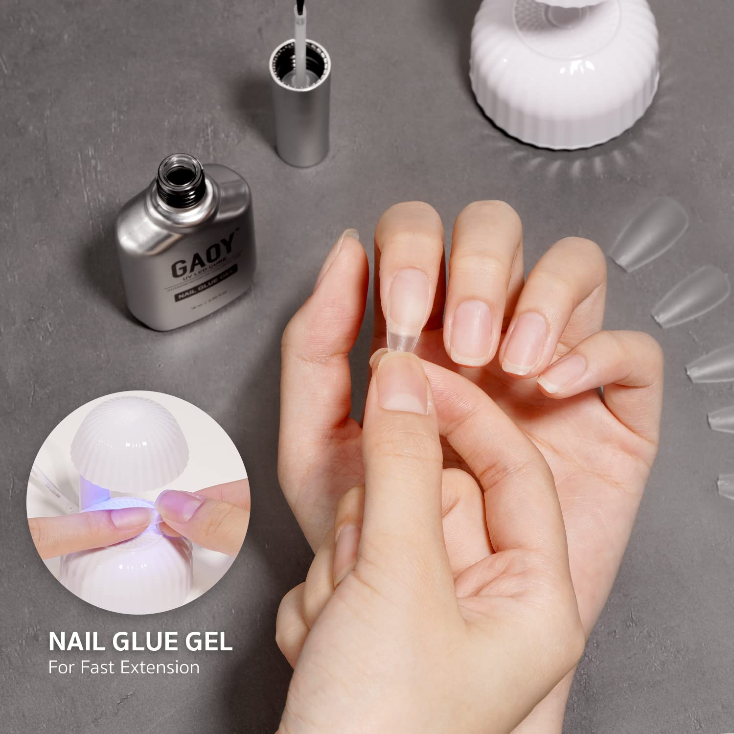 GAOY Nail Glue Gel under UV lamp during curing for quick dry.