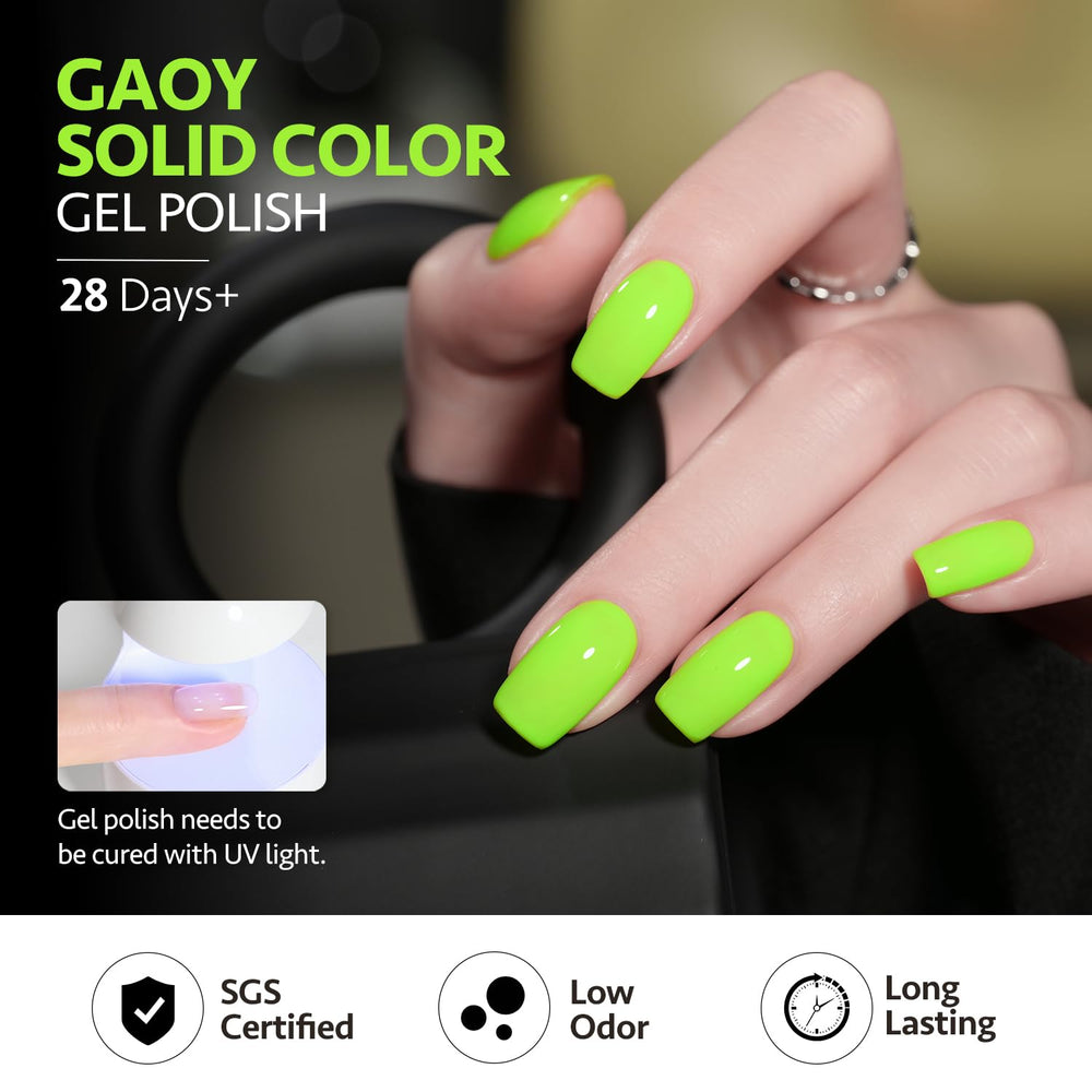 GAOY Neon Green Gel Nail Polish swatch; color sample for nail art ideas