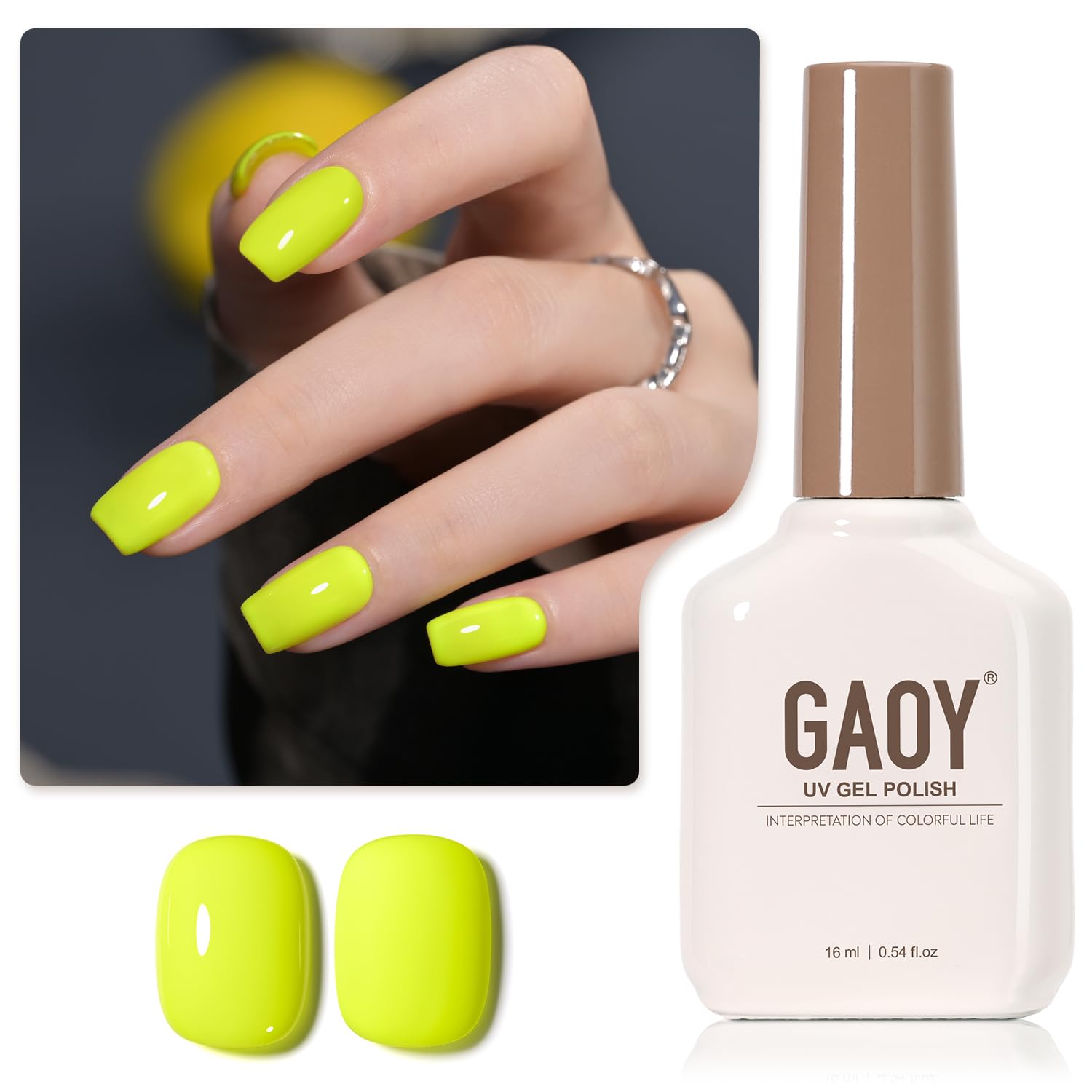 GAOY Neon Yellow gel polish bottle with brush, ideal for at-home manicure.