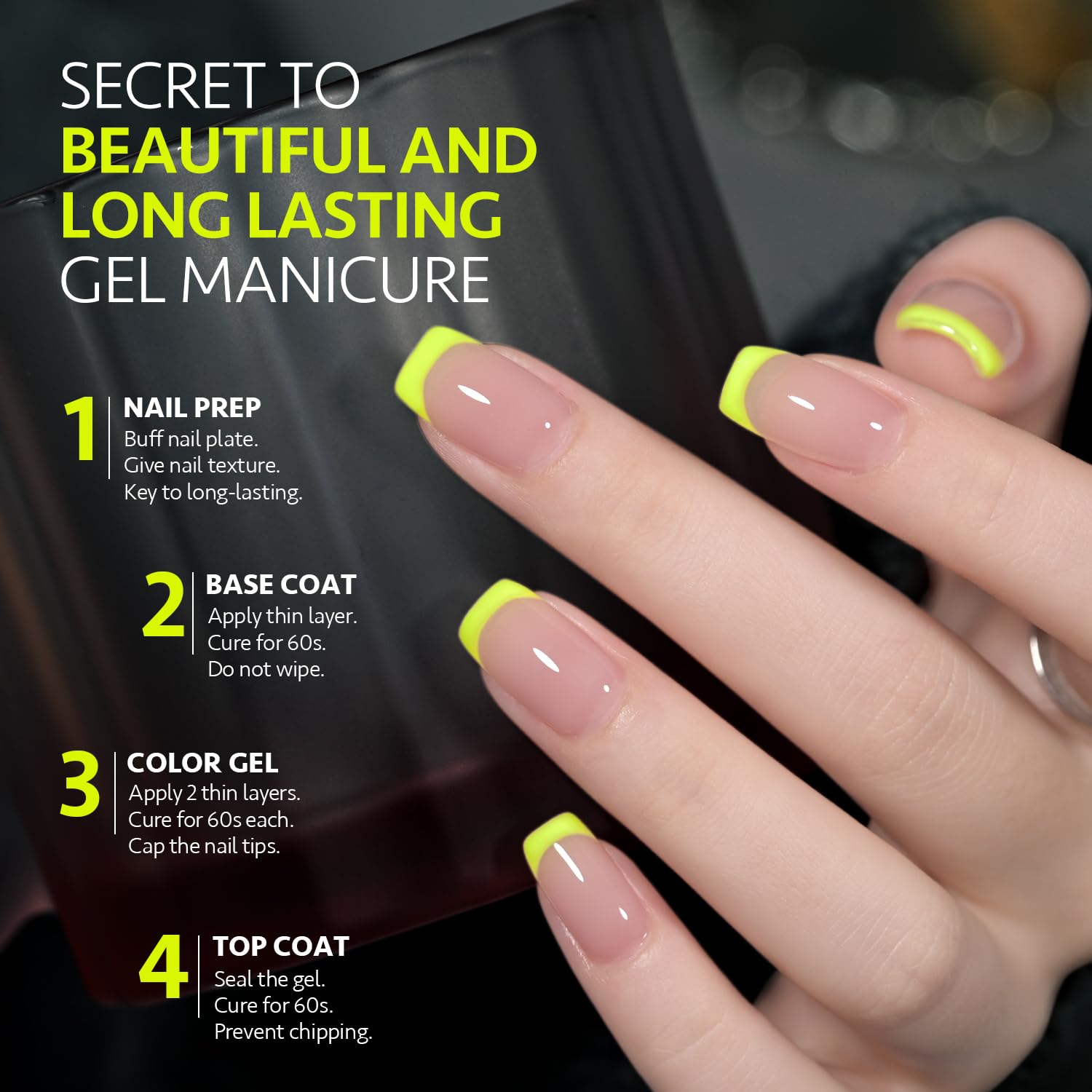GAOY Neon Yellow gel polish curing under UV lamp for quick dries.