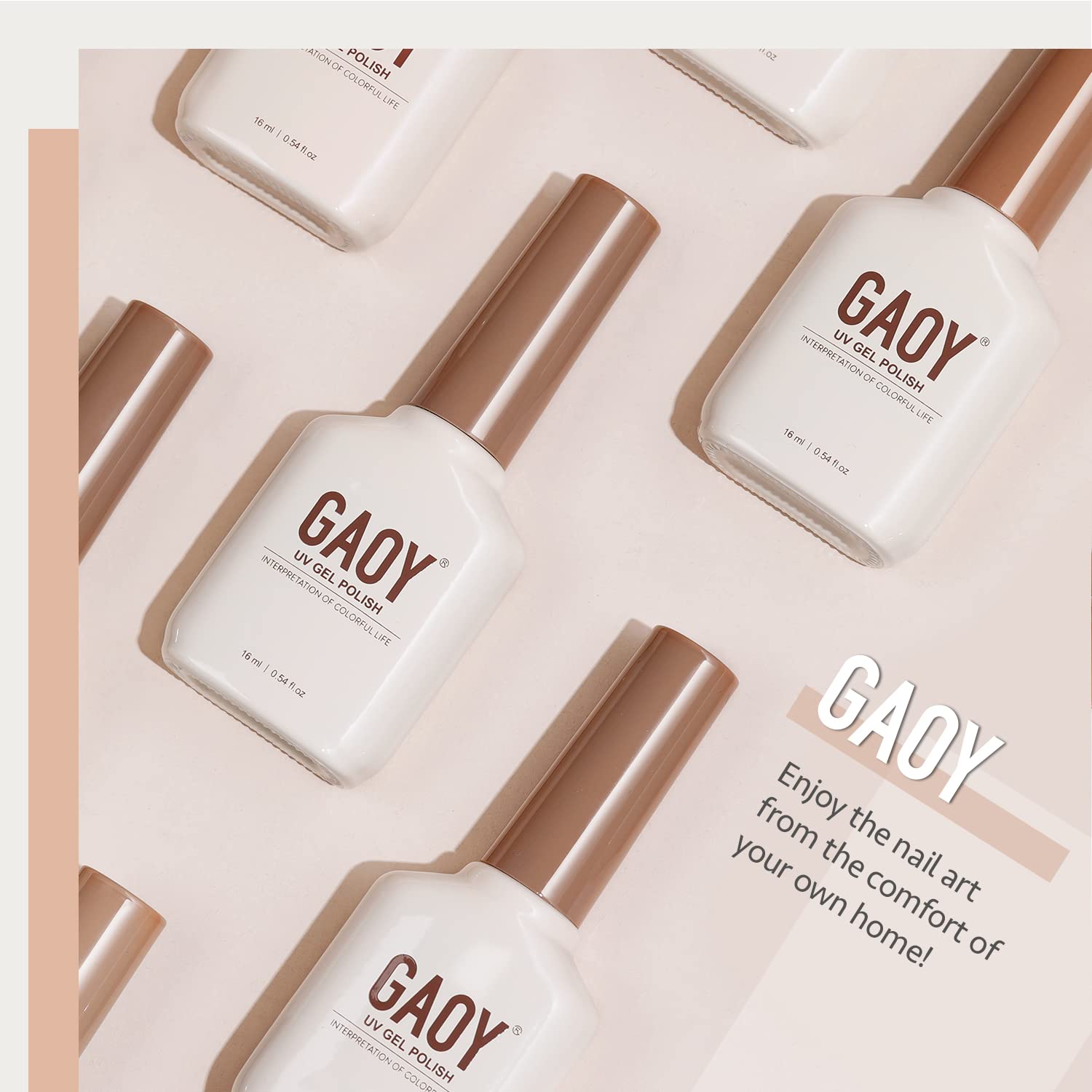 GAOY gel polish with top coat creates glossy, shimmering look.