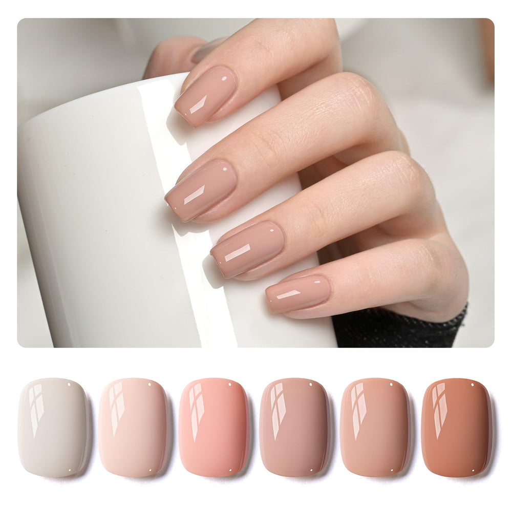 GAOY Nude Pink gel polish swatches show six neutral beige tones for versatile at-home nails