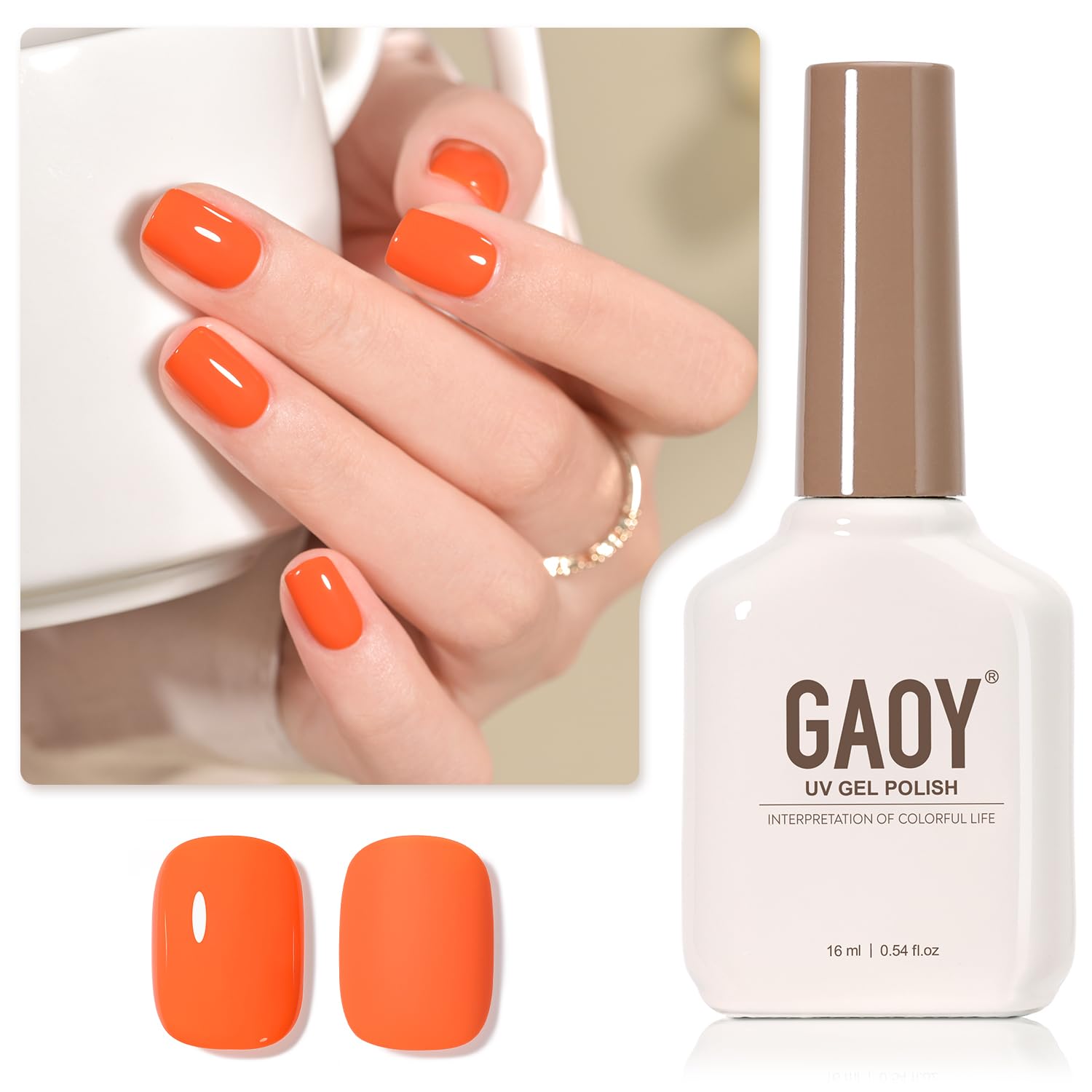 GAOY orange gel nail polish bottle close-up showing vibrant shade for at-home manicures.