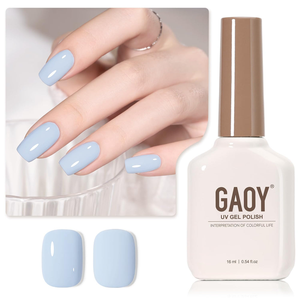 GAOY Pastel Blue Gel Nail Polish swatch shows vibrant Morning Mist color for at-home manicures.