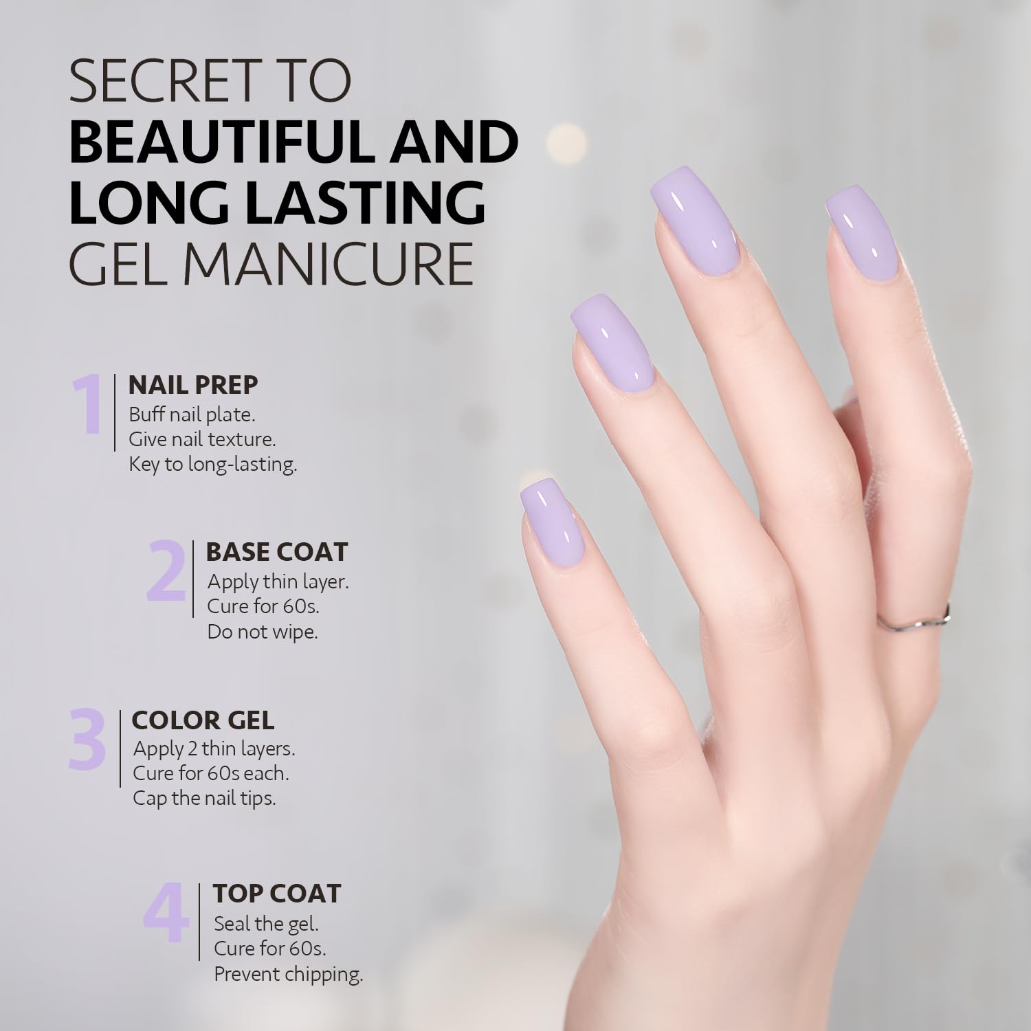 GAOY pastel purple gel nail polish under UV lamp for quick drying.