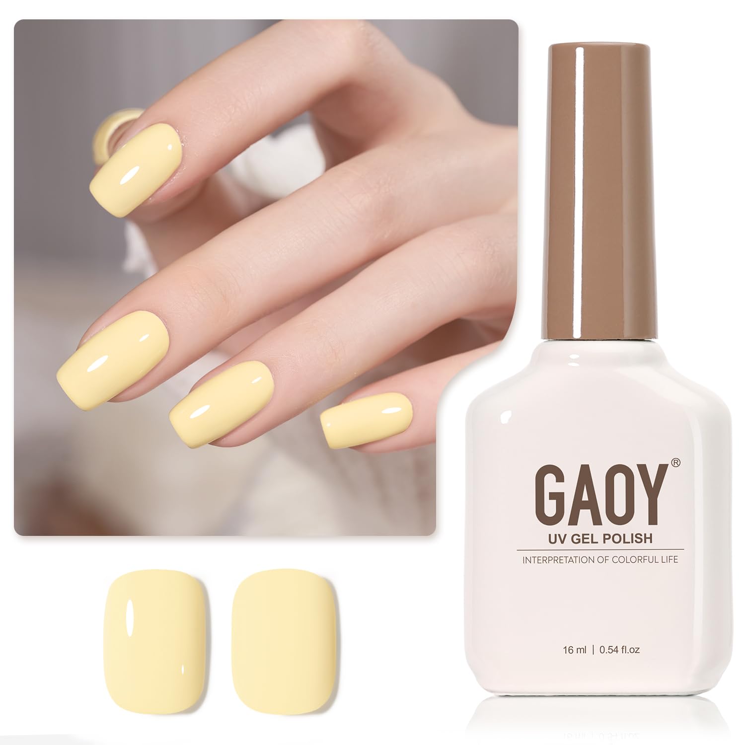 GAOY Pastel Yellow gel polish bottle front view highlighting the color.