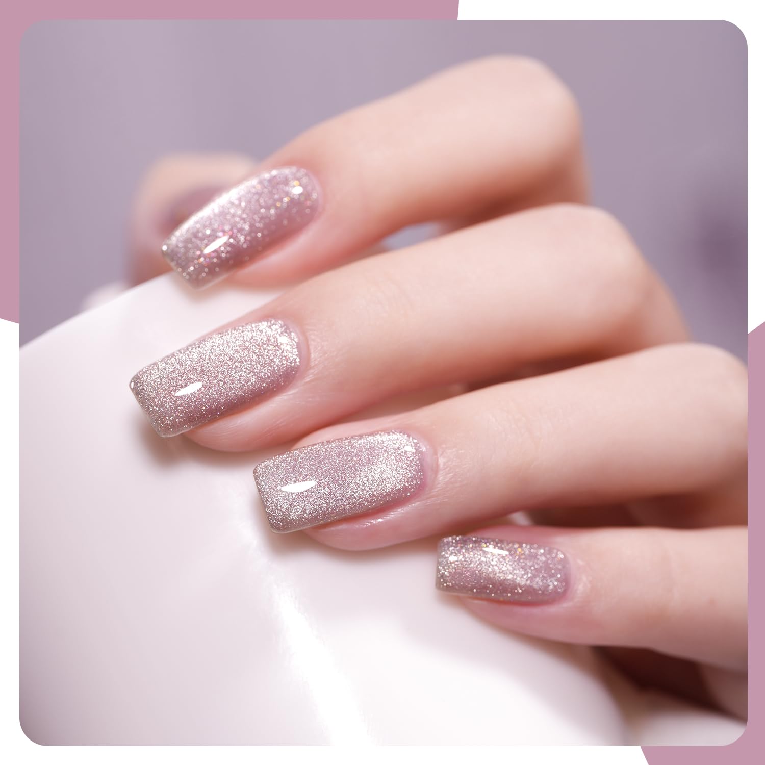 GAOY Pink Fireworks gel shows reflective holographic glitter finish on nails